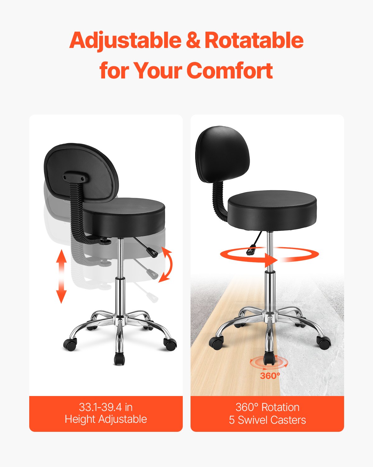 Ergonomic Black Rolling Stool with Backrest, 450 lbs Capacity, Adjustable PU Leather Swivel Chair for Salon, Spa, Tattoo, Clinic, Massage