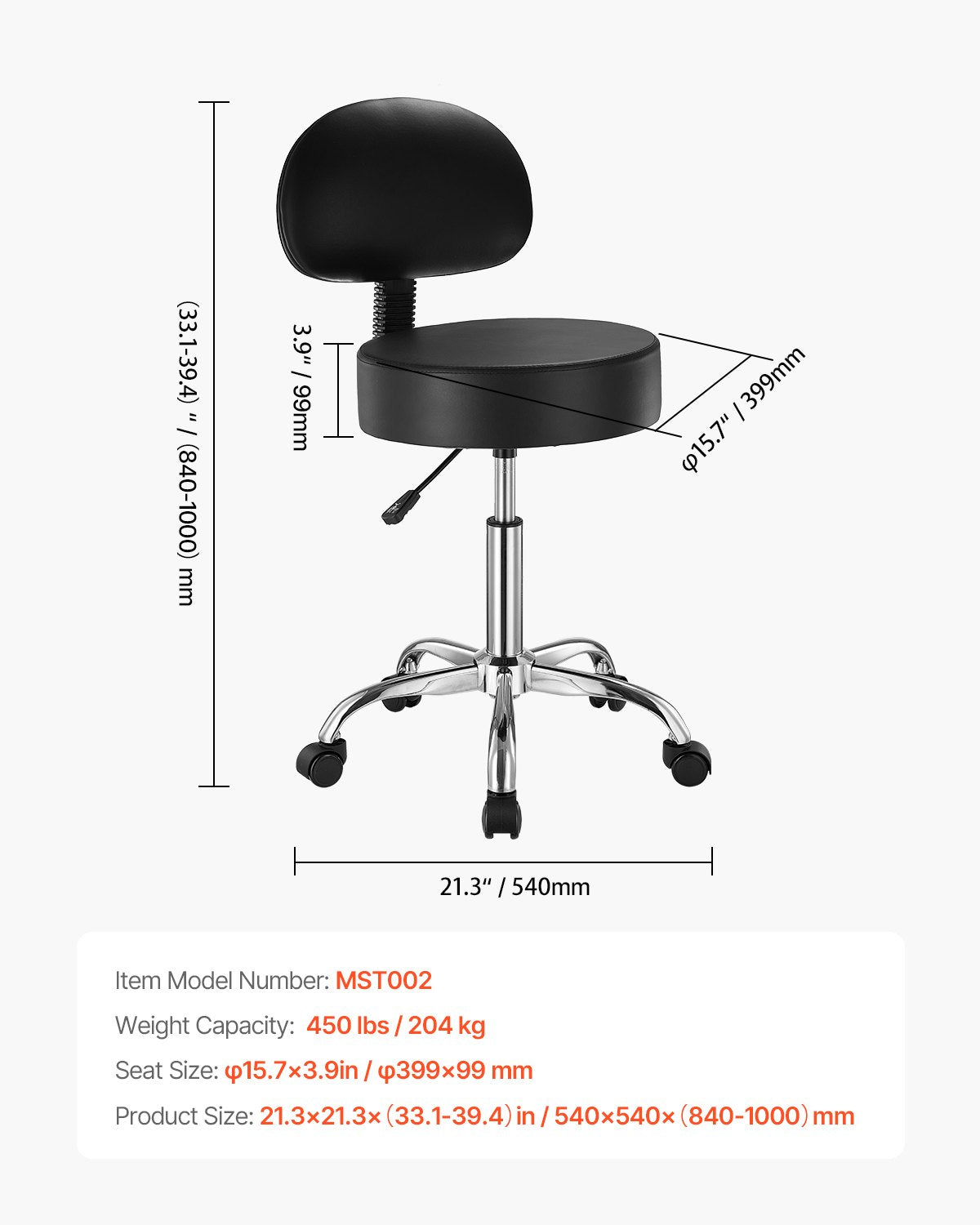 Ergonomic Black Rolling Stool with Backrest, 450 lbs Capacity, Adjustable PU Leather Swivel Chair for Salon, Spa, Tattoo, Clinic, Massage