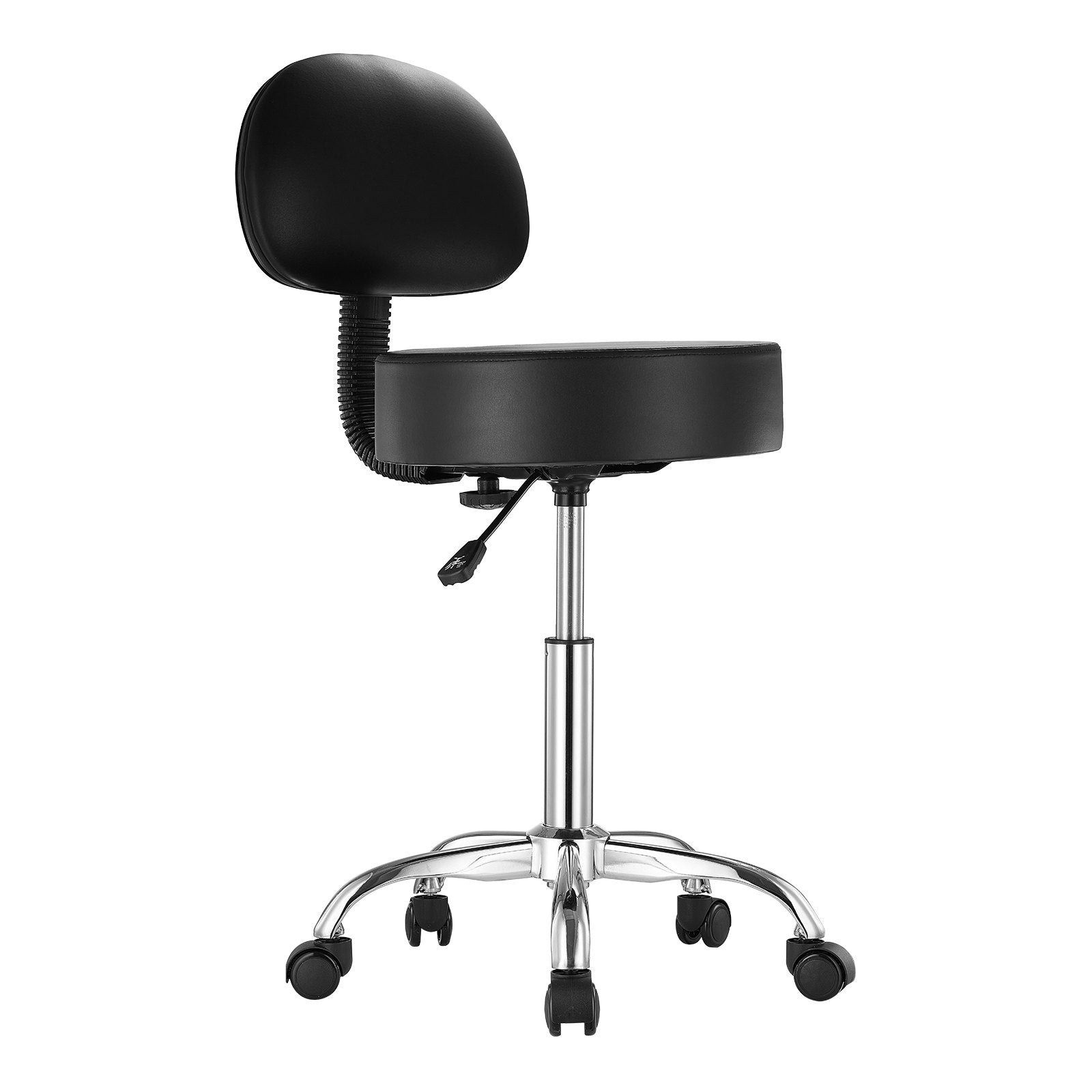 Ergonomic Black Rolling Stool with Backrest, 450 lbs Capacity, Adjustable PU Leather Swivel Chair for Salon, Spa, Tattoo, Clinic, Massage