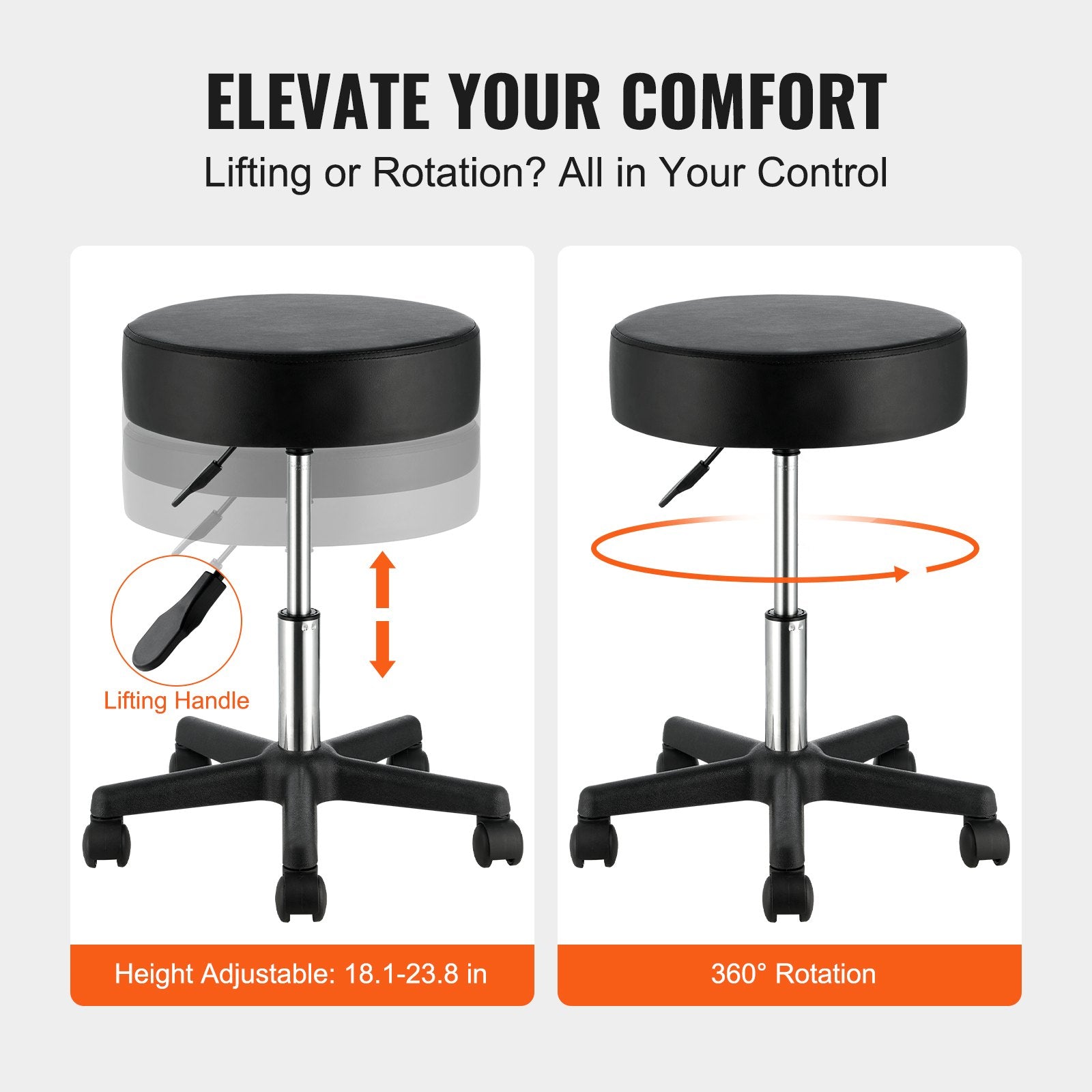 Ergonomic Rolling Stool with Wheels, 400 LBS Capacity, Adjustable Height, Ultra-Thick Cushion, Swivel Chair for Salon, Office, Home, Medical, Massage, Tattoo, Bar Use