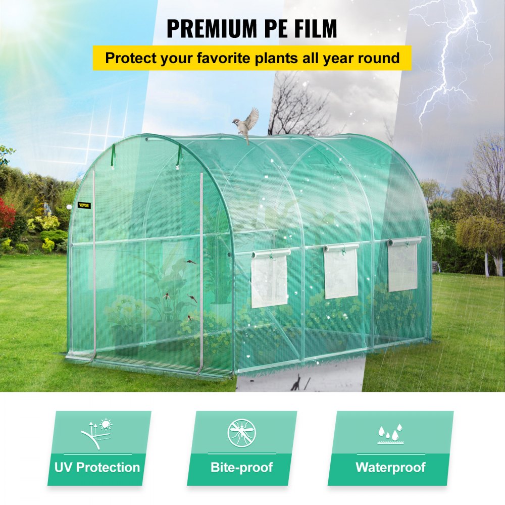 VEVOR Walk-in Tunnel Greenhouse, 9.8 x 6.6 x 6.6 ft Portable Plant Hot House w/ Galvanized Steel Hoops, 1 Top Beam, 2 Diagonal Poles, 2 Zippered Doors & 6 Roll-up Windows, Green