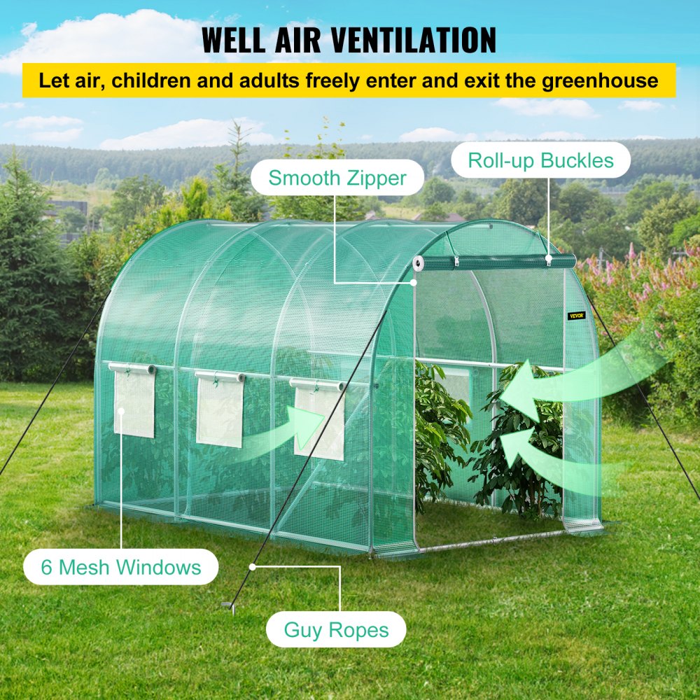 VEVOR Walk-in Tunnel Greenhouse, 9.8 x 6.6 x 6.6 ft Portable Plant Hot House w/ Galvanized Steel Hoops, 1 Top Beam, 2 Diagonal Poles, 2 Zippered Doors & 6 Roll-up Windows, Green