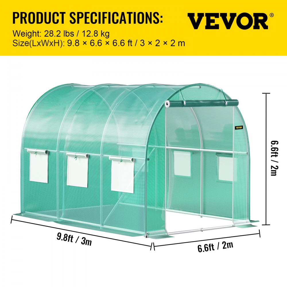 VEVOR Walk-in Tunnel Greenhouse, 9.8 x 6.6 x 6.6 ft Portable Plant Hot House w/ Galvanized Steel Hoops, 1 Top Beam, 2 Diagonal Poles, 2 Zippered Doors & 6 Roll-up Windows, Green