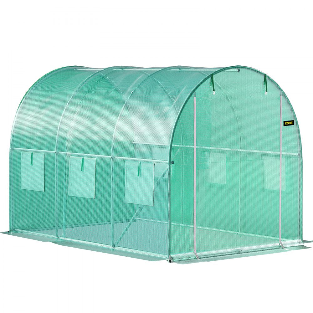 VEVOR Walk-in Tunnel Greenhouse, 9.8 x 6.6 x 6.6 ft Portable Plant Hot House w/ Galvanized Steel Hoops, 1 Top Beam, 2 Diagonal Poles, 2 Zippered Doors & 6 Roll-up Windows, Green