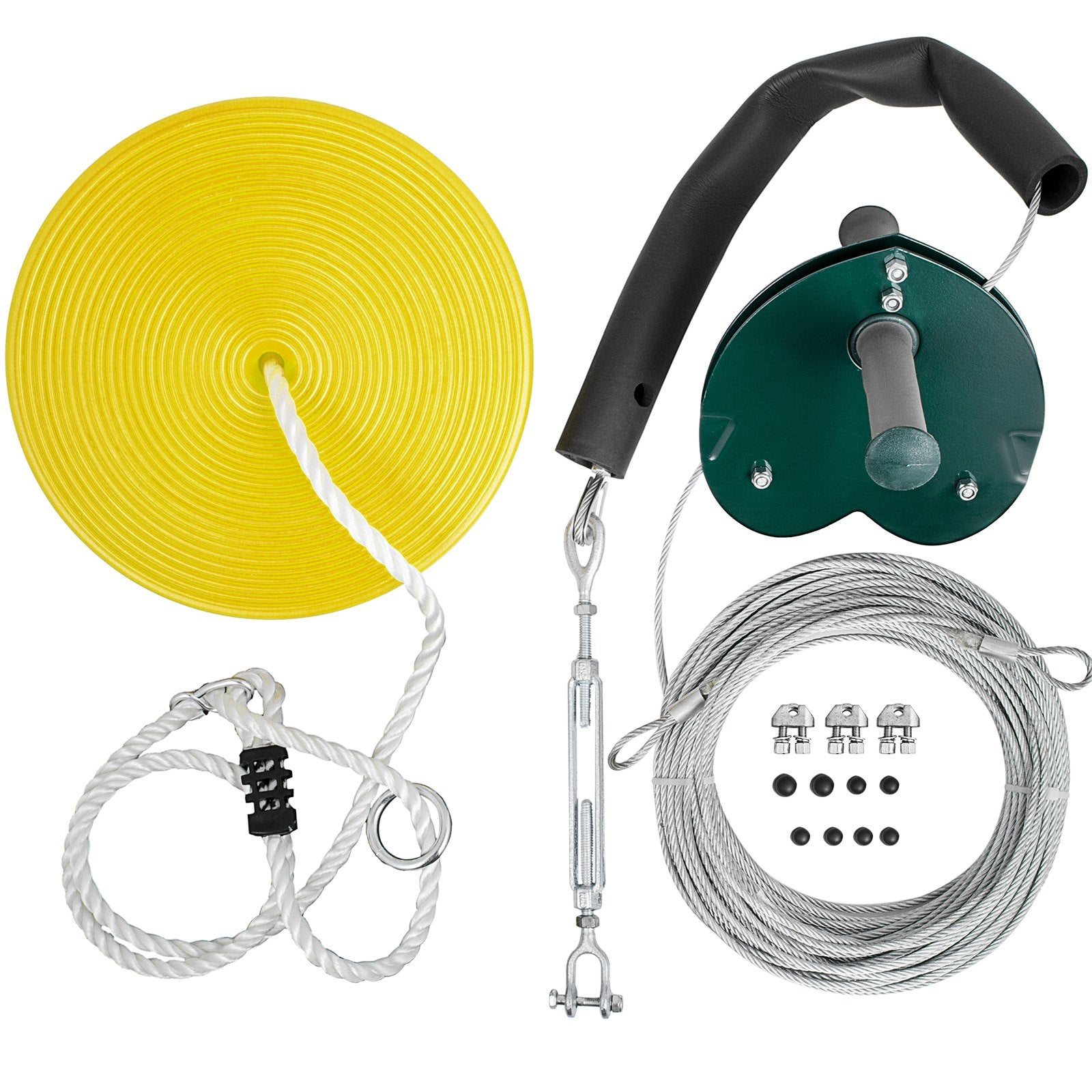 80ft Yellow Zip Line Kit with Heart-Shaped Trolley - Kids & Adults Backyard Entertainment, Easy Assembly, Adjustable Seat, 440 lb Capacity