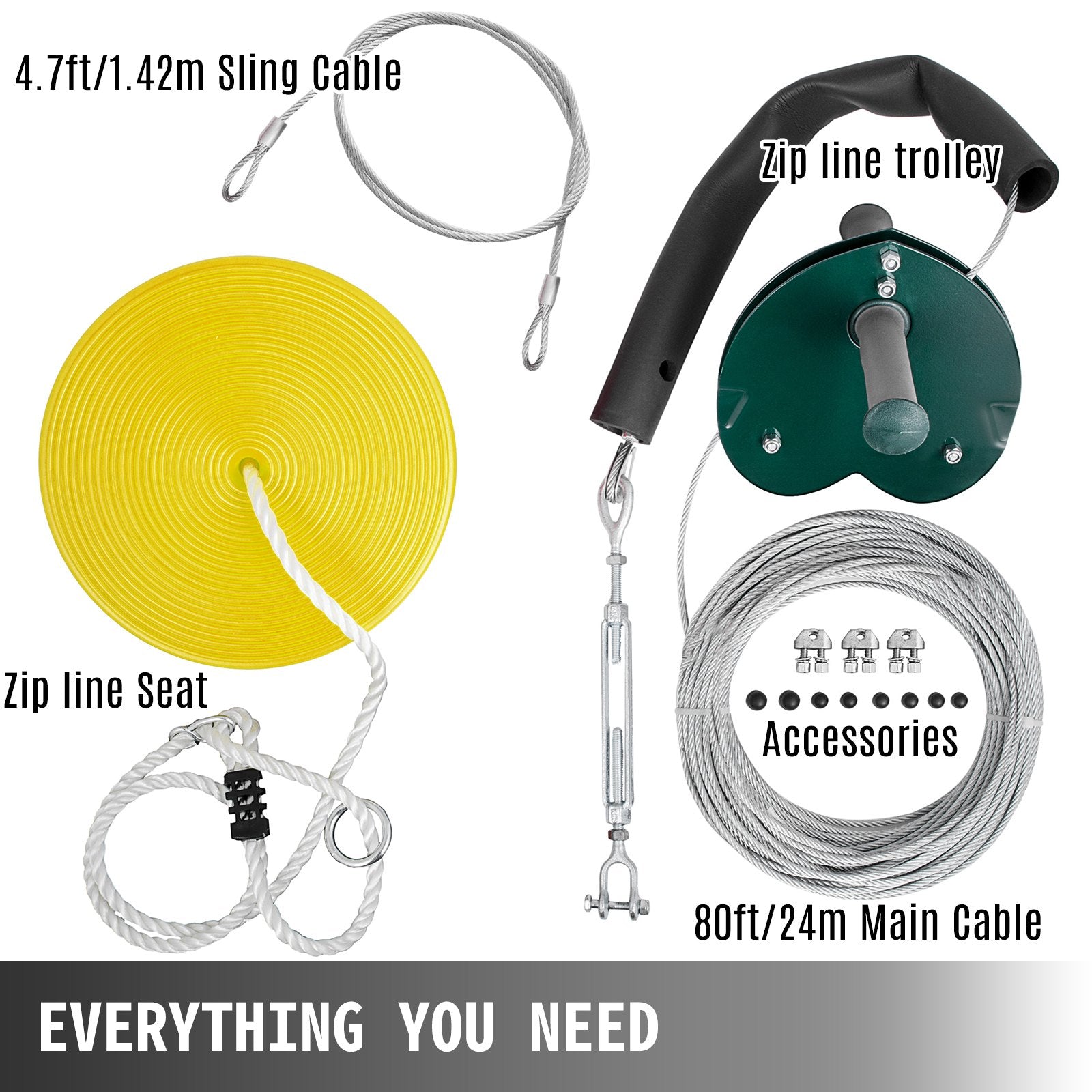 80ft Yellow Zip Line Kit with Heart-Shaped Trolley - Kids & Adults Backyard Entertainment, Easy Assembly, Adjustable Seat, 440 lb Capacity
