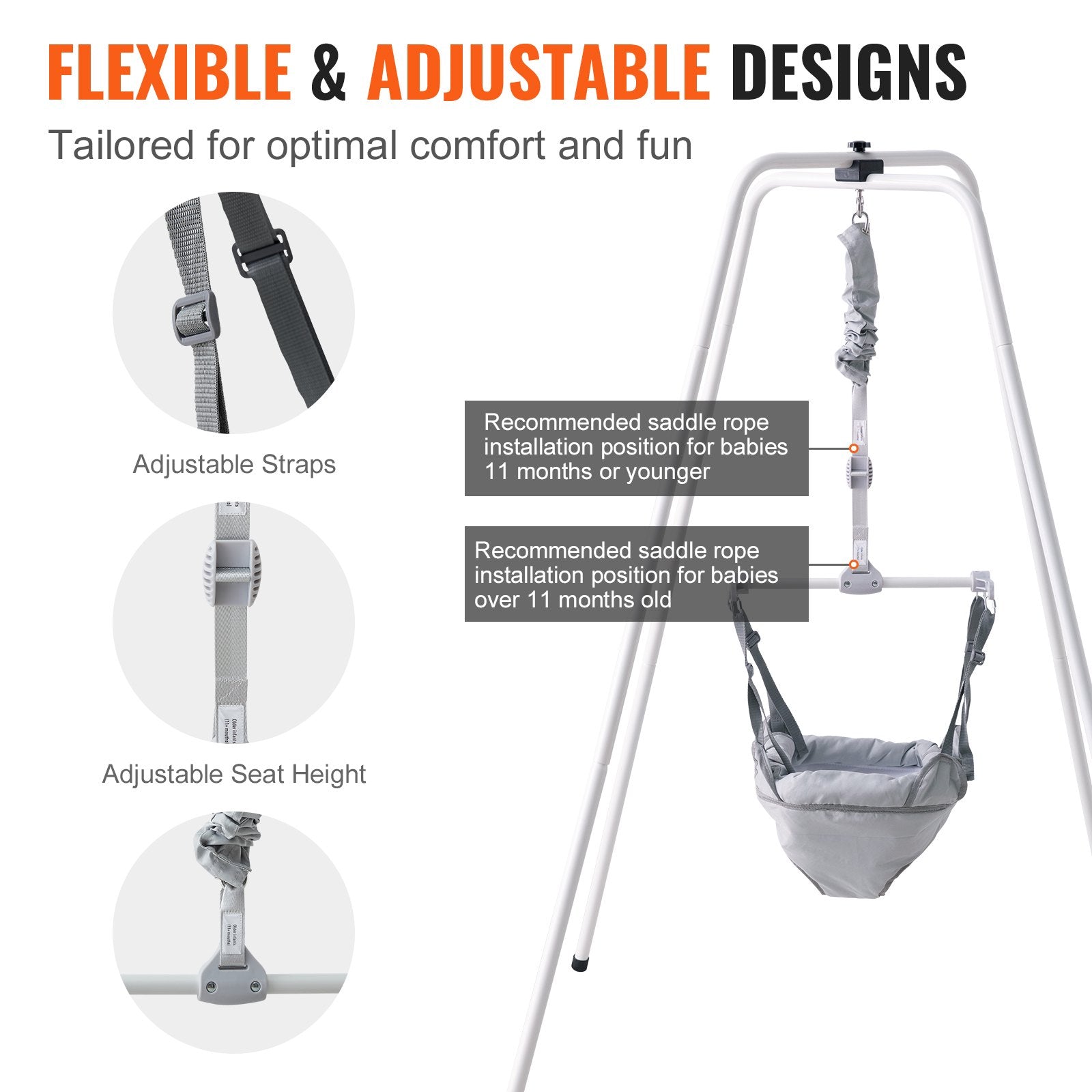 Height-Adjustable Baby Jumper with Stand for Infants 3+ Months, 35LBS Capacity, Quick-Fold Indoor/Outdoor Bouncer for Safe, Fun Exercise