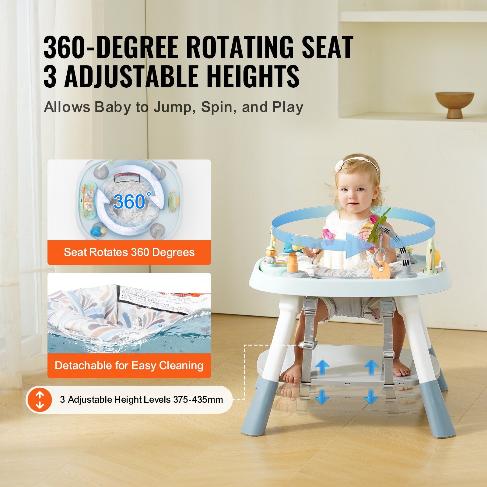Multi-Functional Baby Activity Center with 360° Rotating Seat, Adjustable Height, Developmental Toys, Music & Jumper Bouncer for 6M+ Toddler Fun