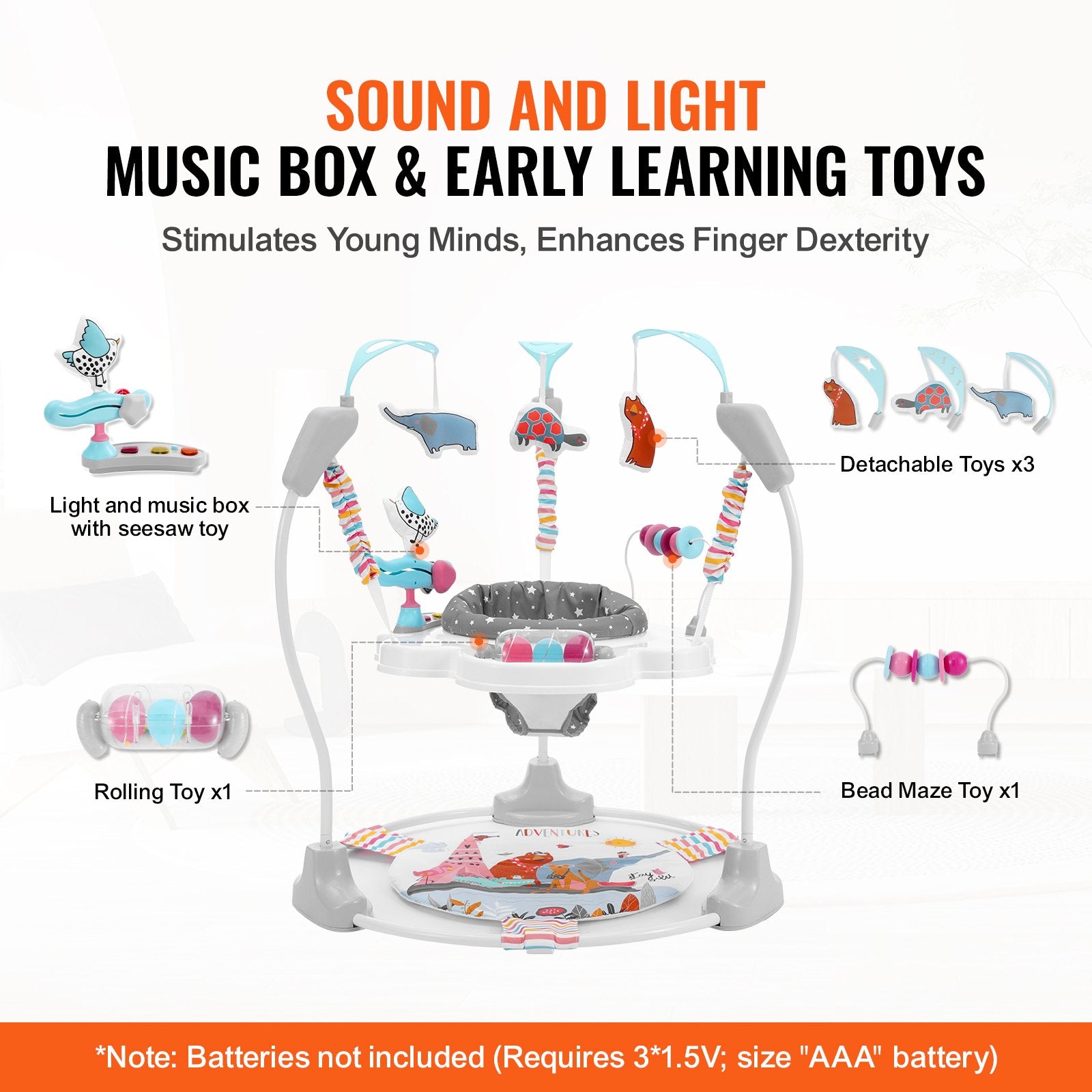 360° Rotating Baby Activity Bouncer with Adjustable Height, Musical Lights & Developmental Toys for 6 Months+, Space-Saving Jumperoo