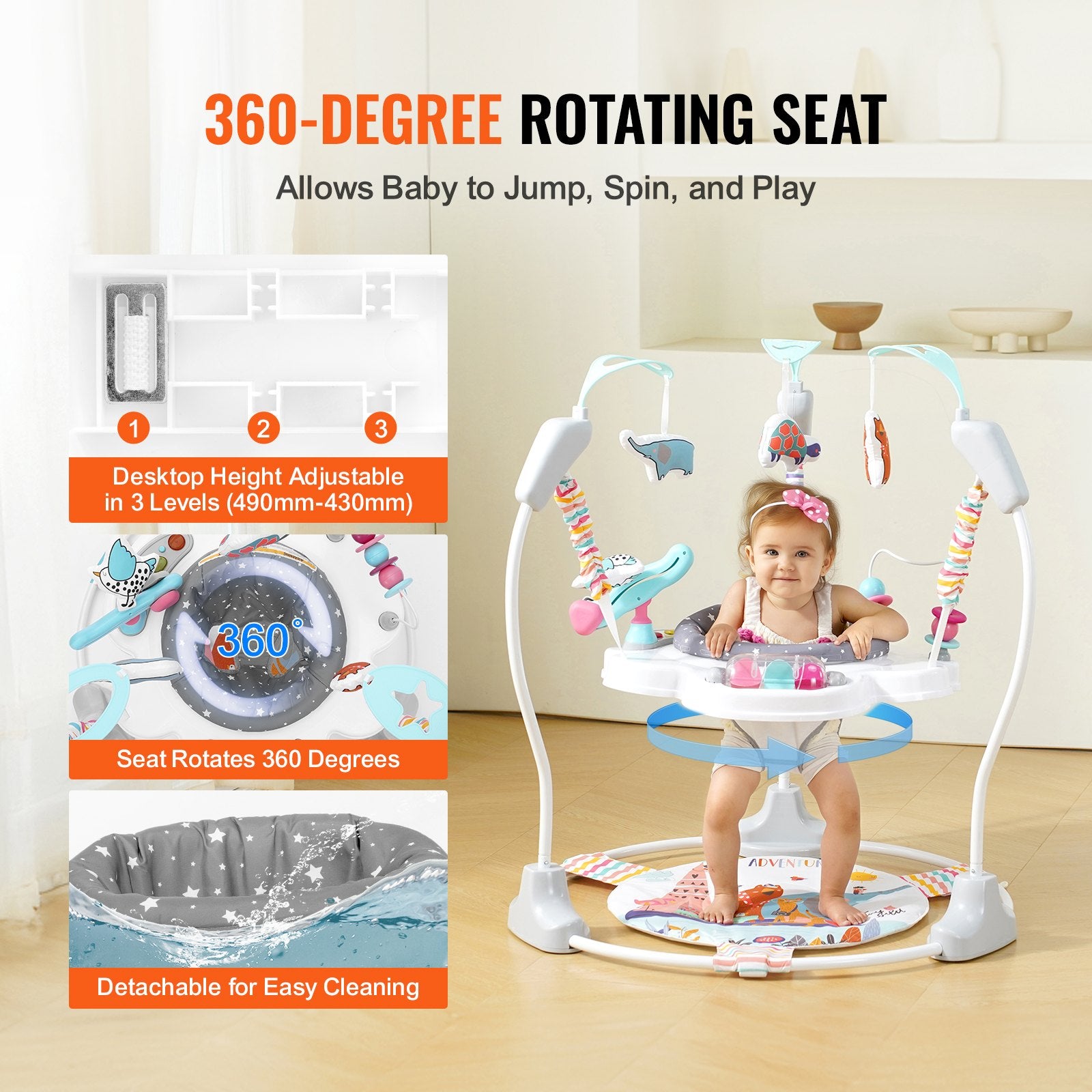 360° Rotating Baby Activity Bouncer with Adjustable Height, Musical Lights & Developmental Toys for 6 Months+, Space-Saving Jumperoo
