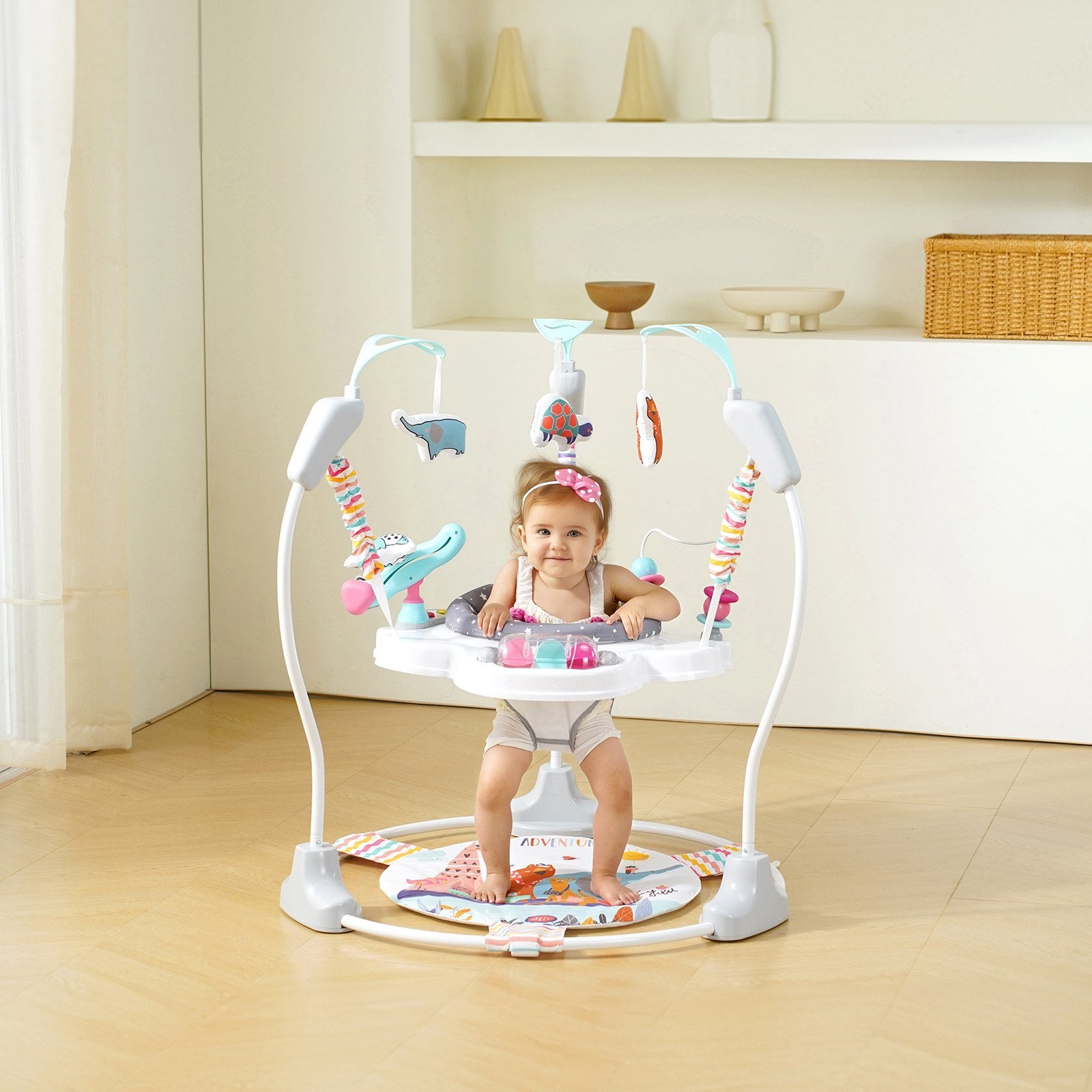 360° Rotating Baby Activity Bouncer with Adjustable Height, Musical Lights & Developmental Toys for 6 Months+, Space-Saving Jumperoo
