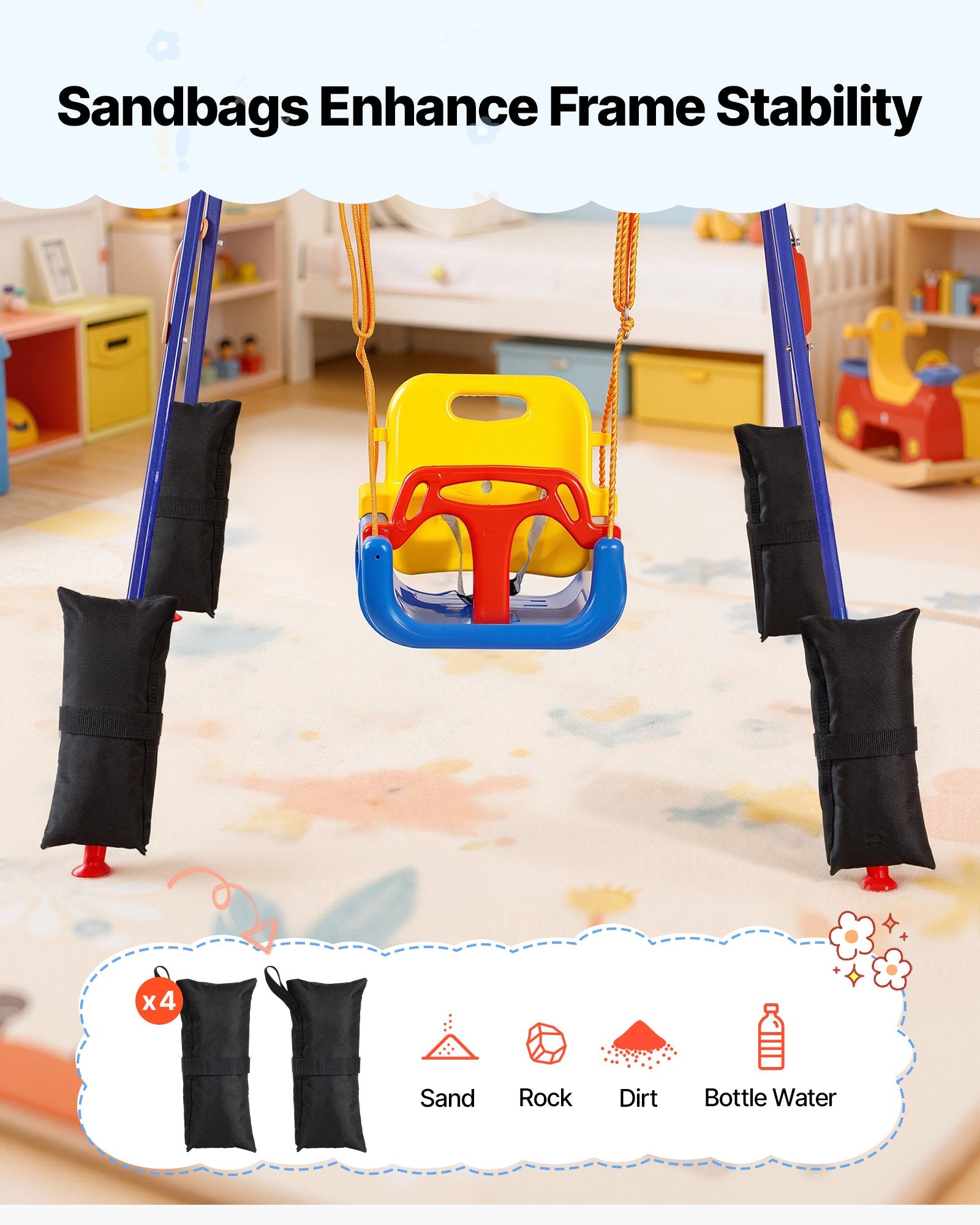 Dual Action Toddler Swing & Jumper Set with Foldable A-Frame Stand, Reinforced with Sandbags for Indoor/Outdoor Fun, Easy Install & Store