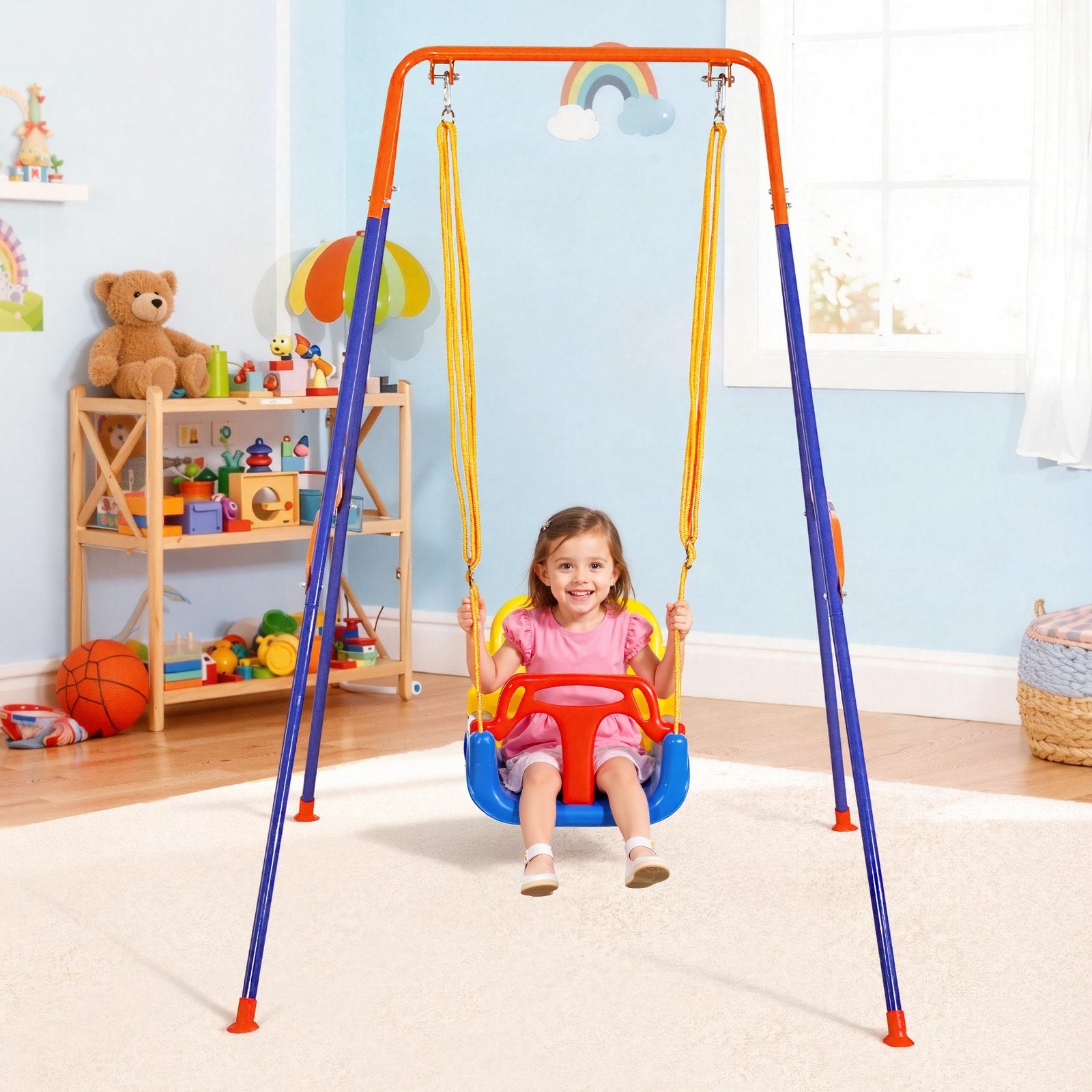 Dual Action Toddler Swing & Jumper Set with Foldable A-Frame Stand, Reinforced with Sandbags for Indoor/Outdoor Fun, Easy Install & Store
