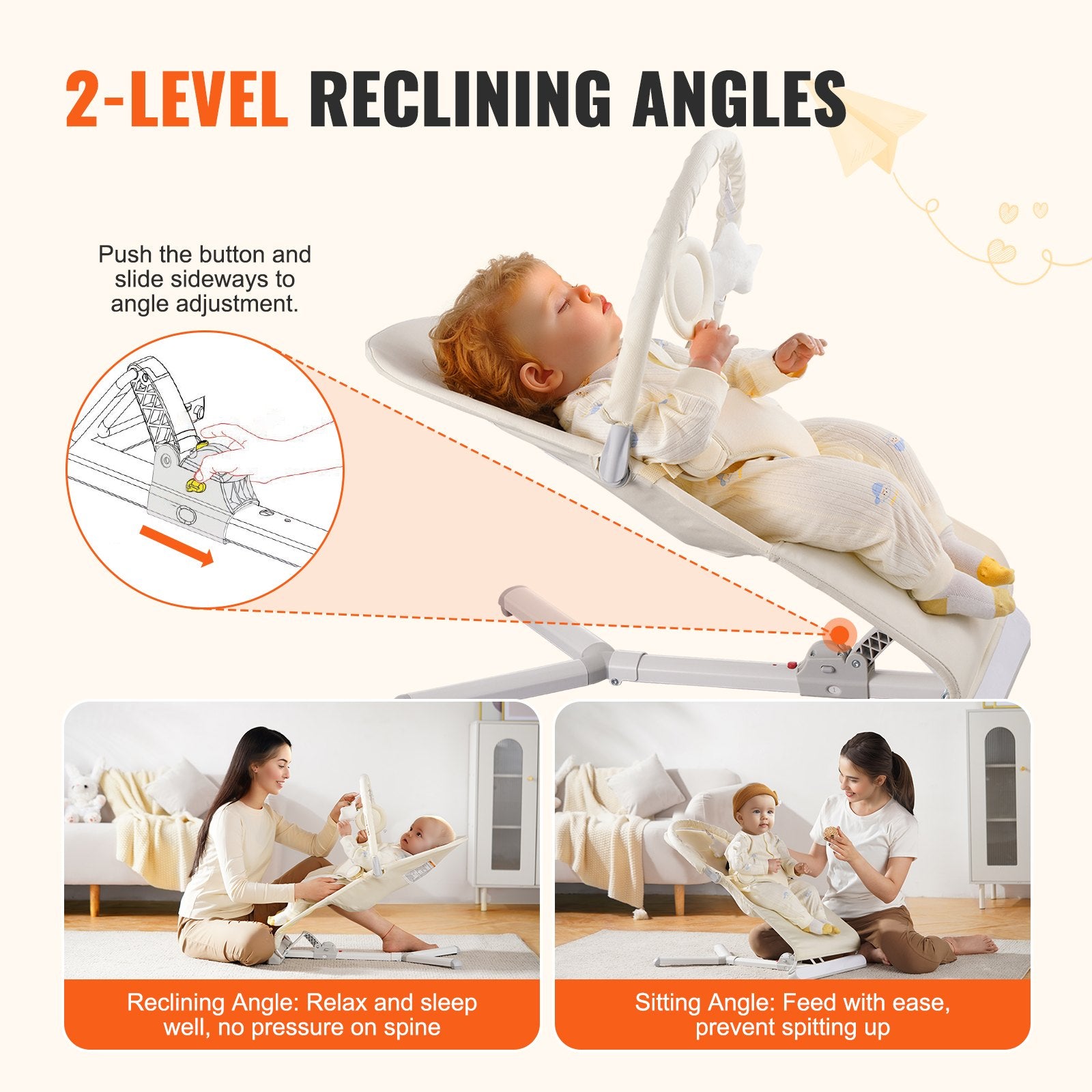 Folding Baby Bouncer Chair for 0-9 Months with 2 Reclining Angles, Rotatable Toy Bar, and Portable Carrying Bag - Indoor/Outdoor Beige Rocker