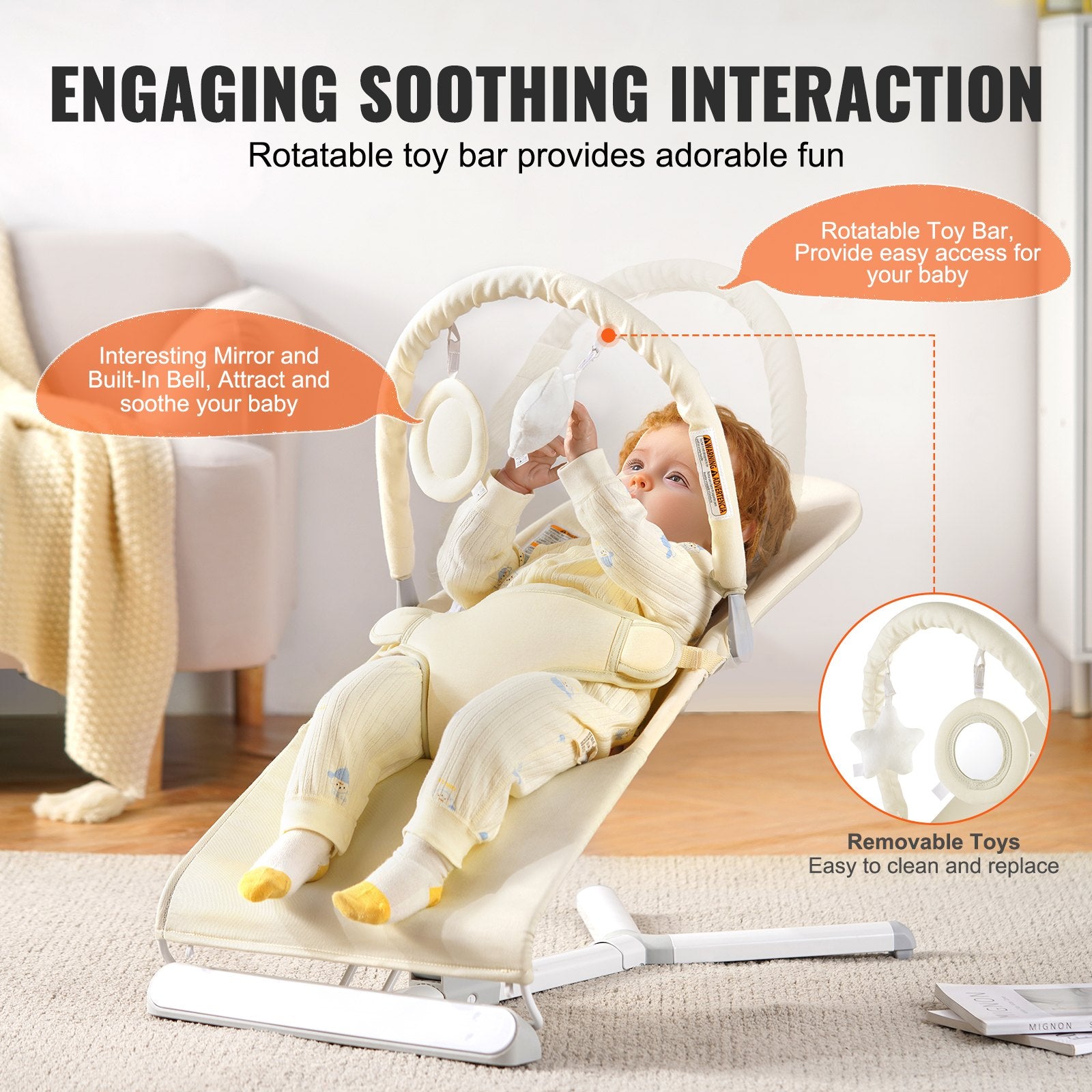 Folding Baby Bouncer Chair for 0-9 Months with 2 Reclining Angles, Rotatable Toy Bar, and Portable Carrying Bag - Indoor/Outdoor Beige Rocker
