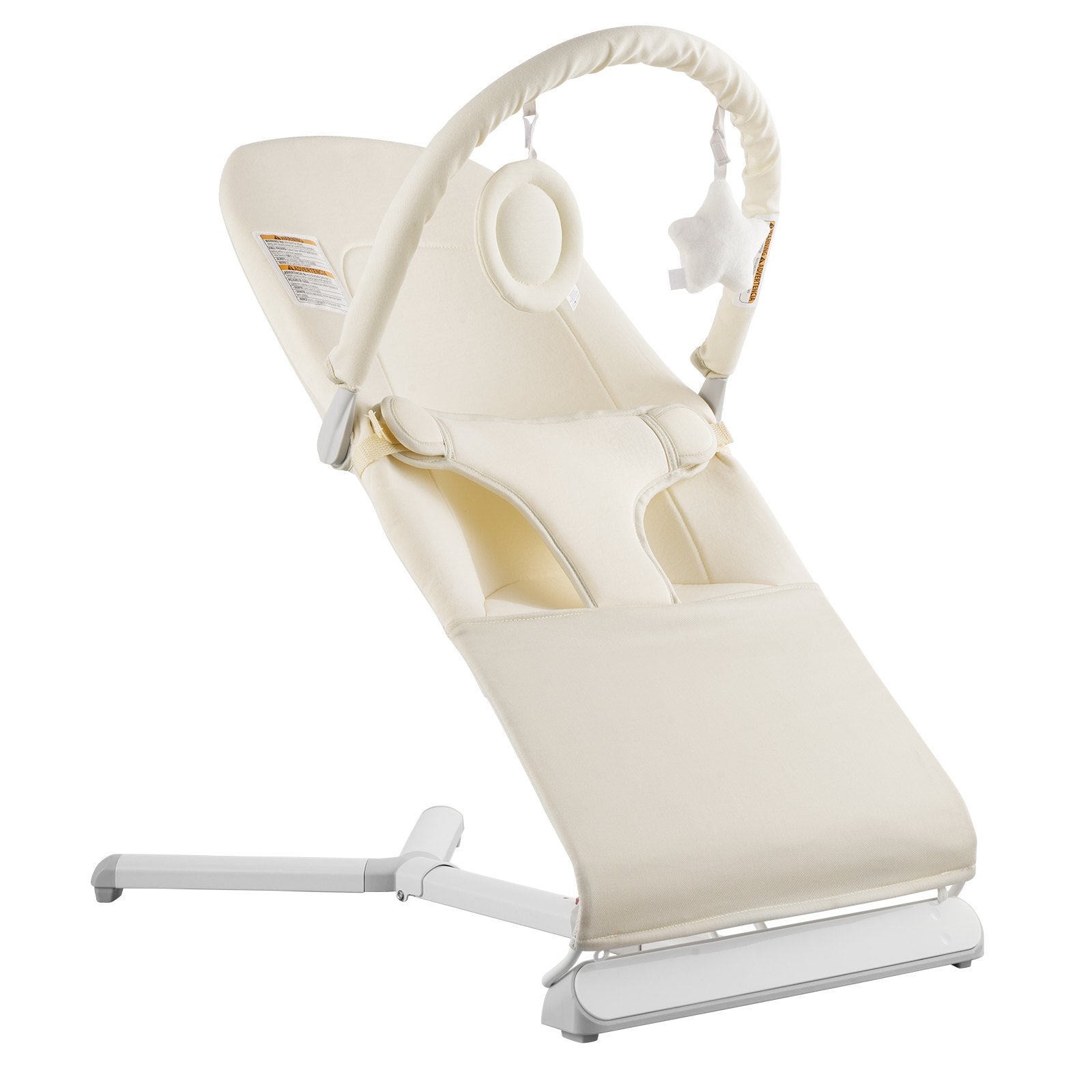 Folding Baby Bouncer Chair for 0-9 Months with 2 Reclining Angles, Rotatable Toy Bar, and Portable Carrying Bag - Indoor/Outdoor Beige Rocker