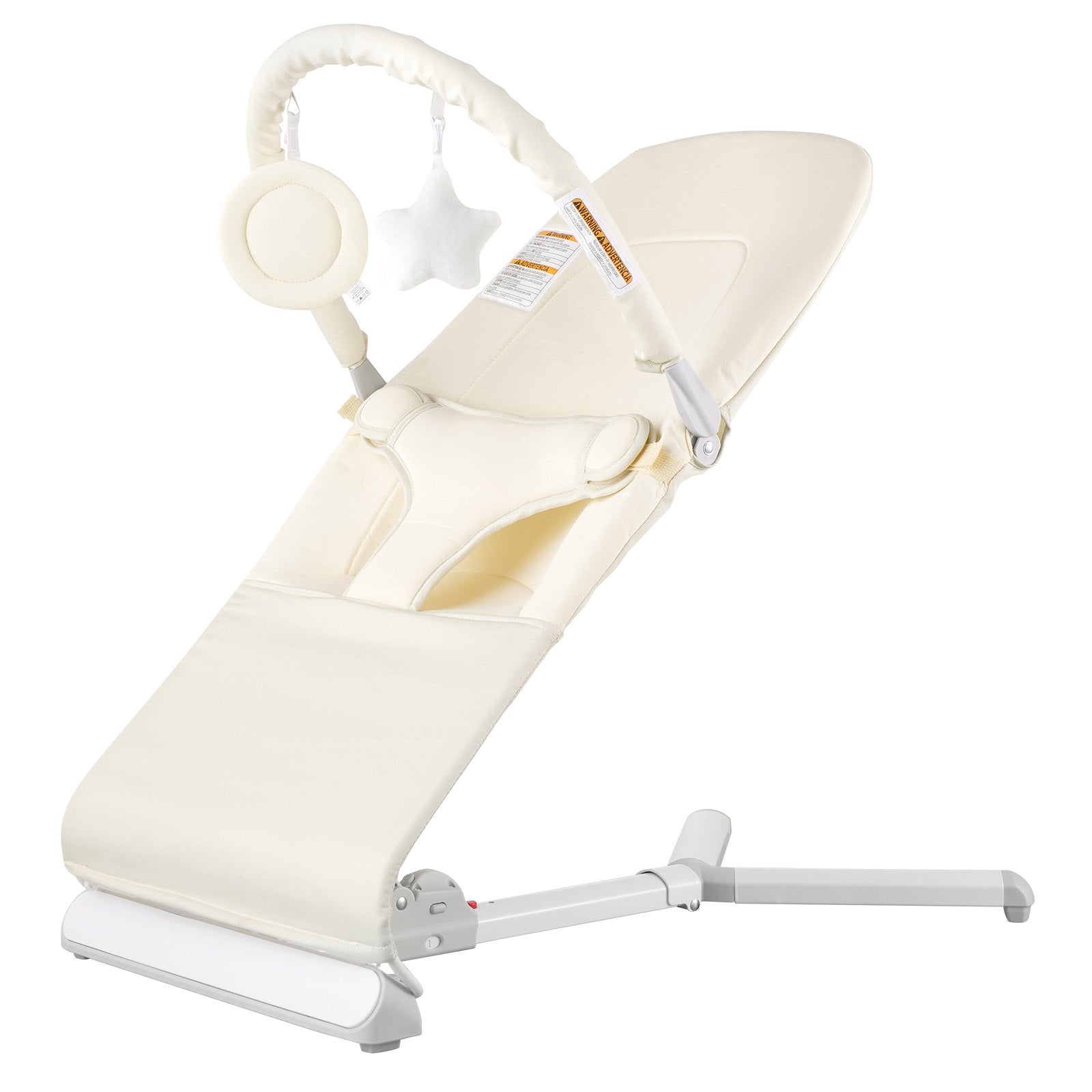 Folding Baby Bouncer Chair for 0-9 Months with 2 Reclining Angles, Rotatable Toy Bar, and Portable Carrying Bag - Indoor/Outdoor Beige Rocker