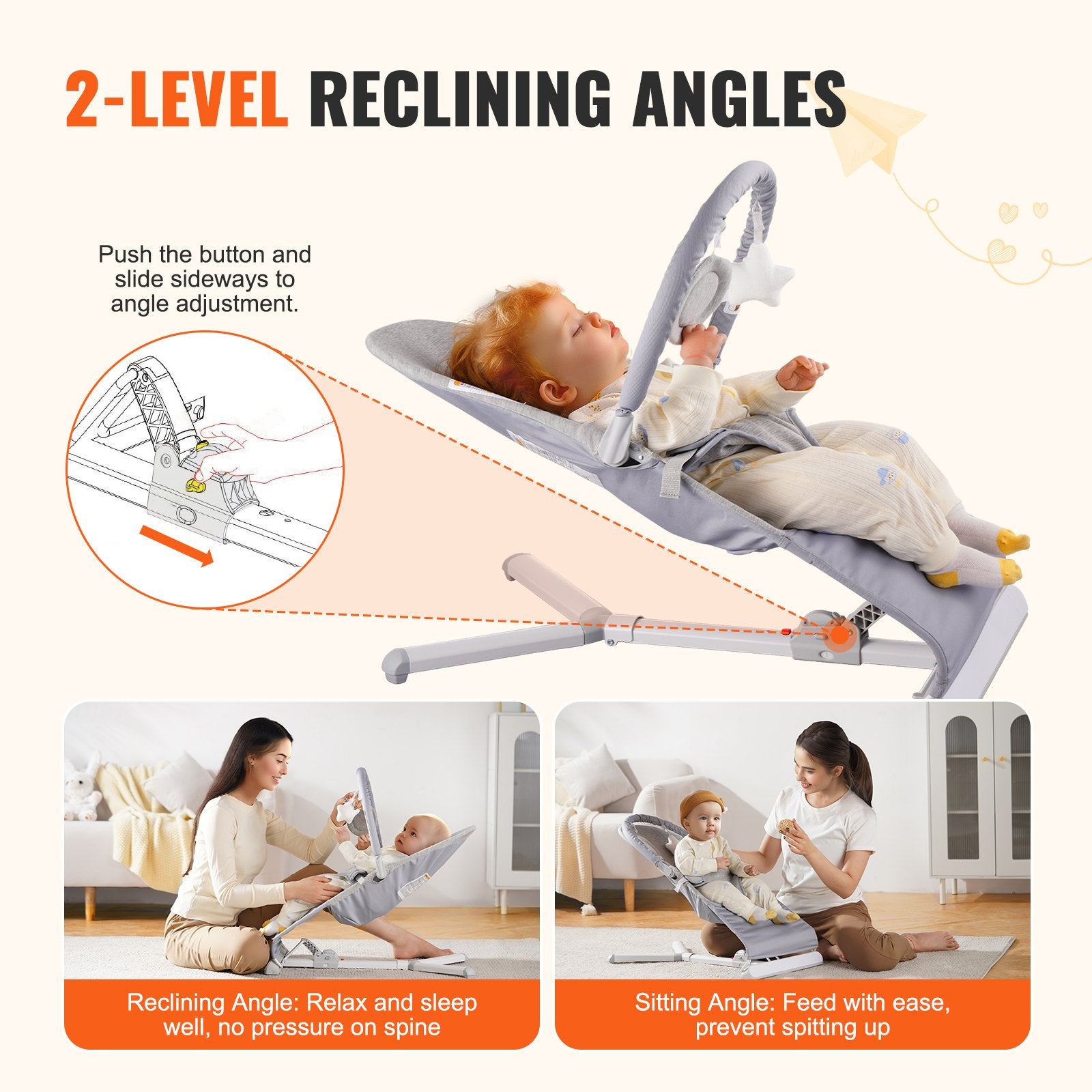 Portable Baby Bouncer Seat with Adjustable Recline, Rotatable Toy Bar, Travel Bag, and Safety Harness for Newborns, Indoor/Outdoor Use (0-9 Months, Light Gray)