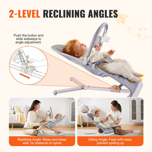 Portable Baby Bouncer Seat with Adjustable Recline, Rotatable Toy Bar, Travel Bag, and Safety Harness for Newborns, Indoor/Outdoor Use (0-9 Months, Light Gray)