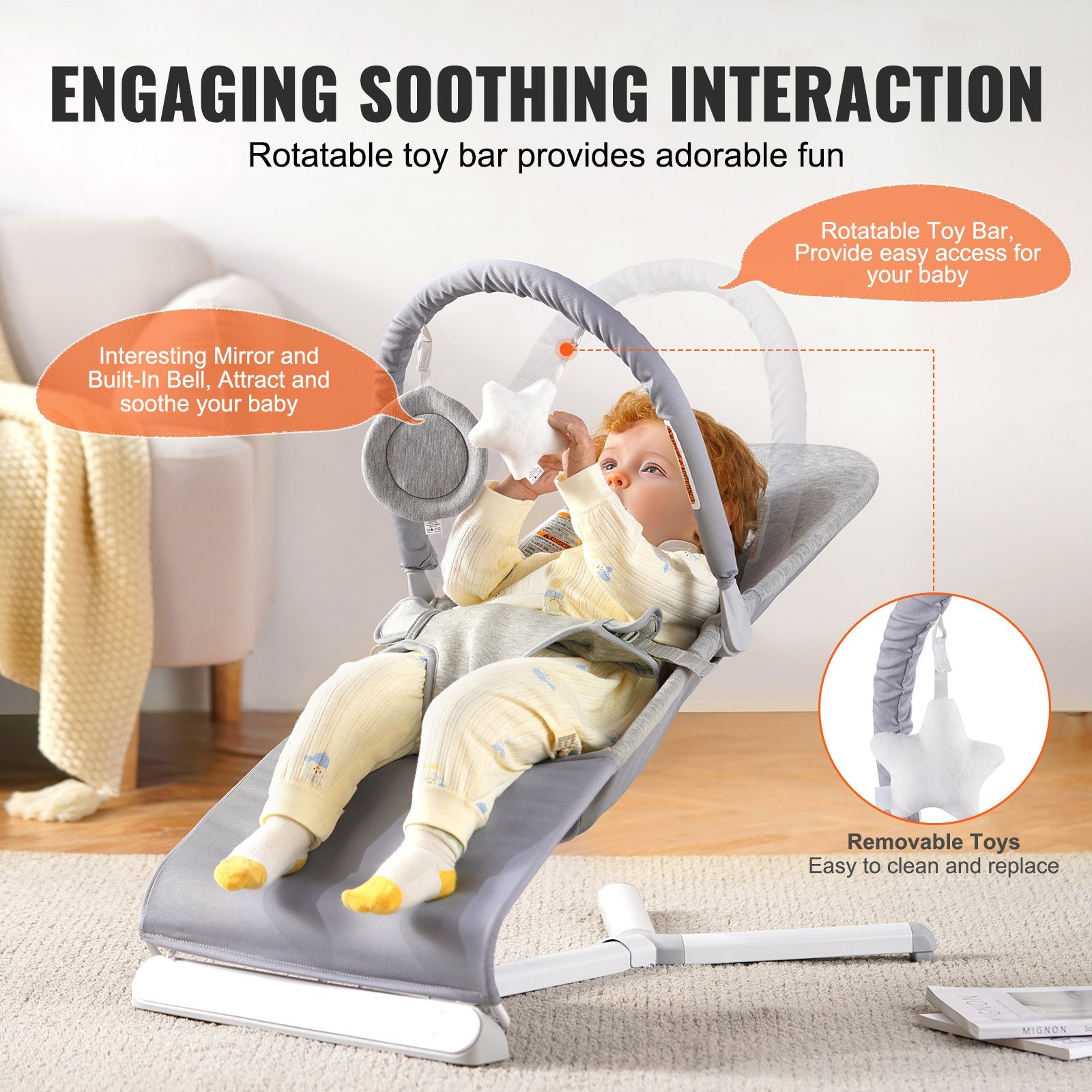 Portable Baby Bouncer Seat with Adjustable Recline, Rotatable Toy Bar, Travel Bag, and Safety Harness for Newborns, Indoor/Outdoor Use (0-9 Months, Light Gray)