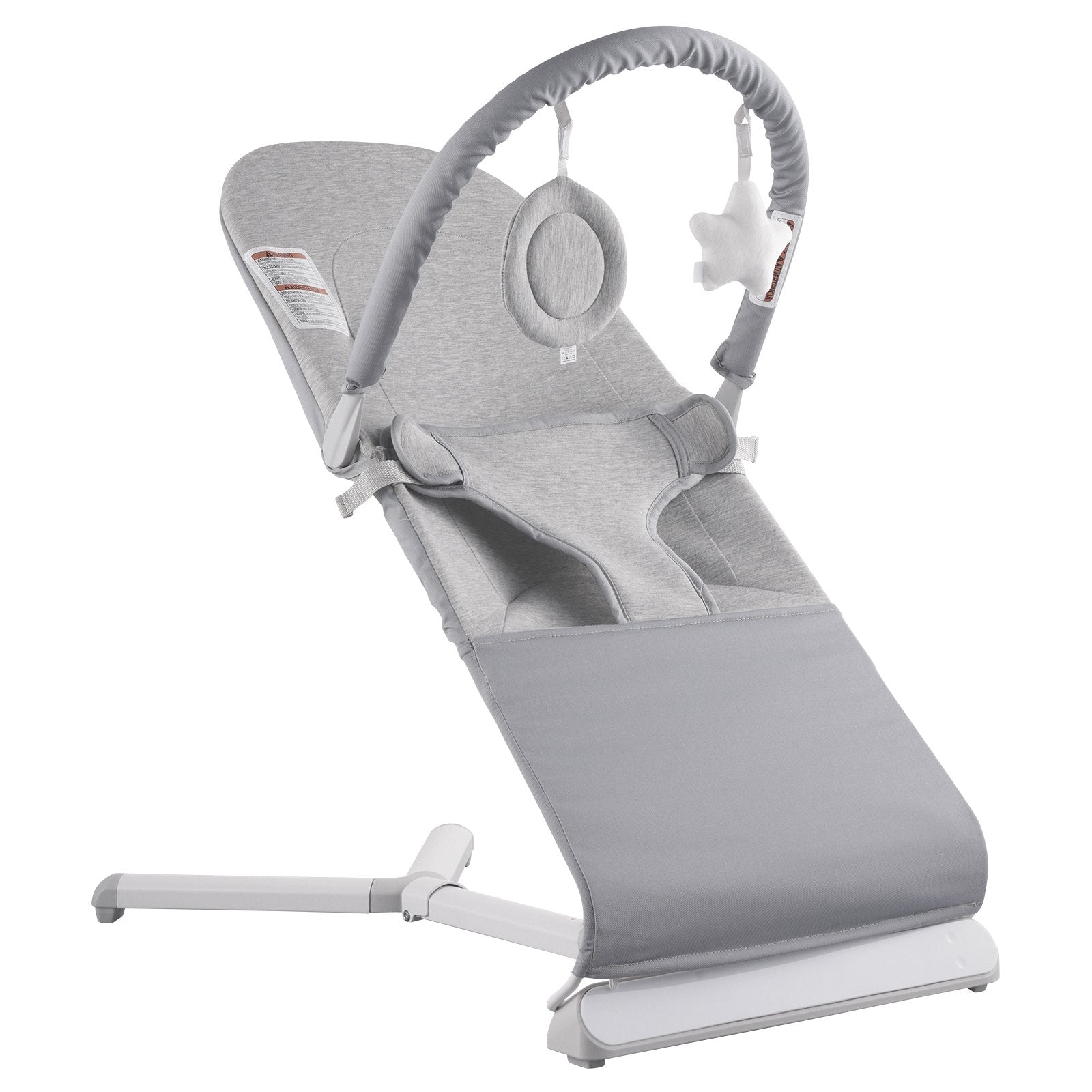 Portable Baby Bouncer Seat with Adjustable Recline, Rotatable Toy Bar, Travel Bag, and Safety Harness for Newborns, Indoor/Outdoor Use (0-9 Months, Light Gray)