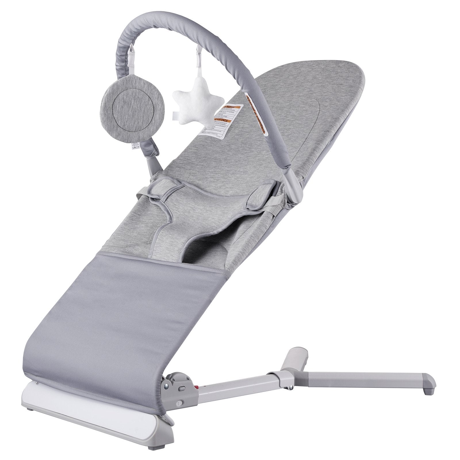 Portable Baby Bouncer Seat with Adjustable Recline, Rotatable Toy Bar, Travel Bag, and Safety Harness for Newborns, Indoor/Outdoor Use (0-9 Months, Light Gray)