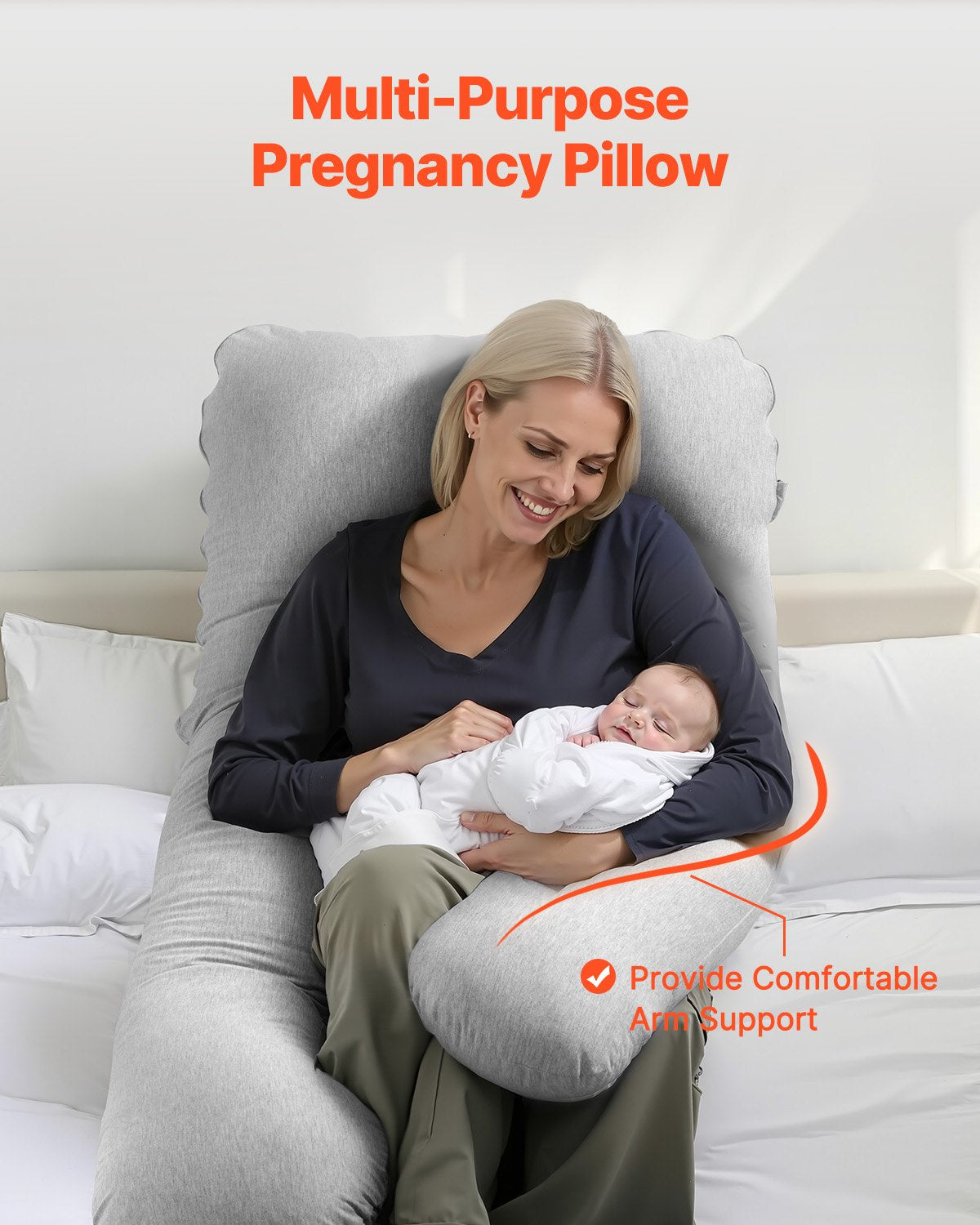 U-Shaped Maternity Pillow for Pregnant Women - Full Body Support with Soft, Breathable, Removable & Washable Jersey Cotton Cover for Back, Belly, Hip, and Leg Relief