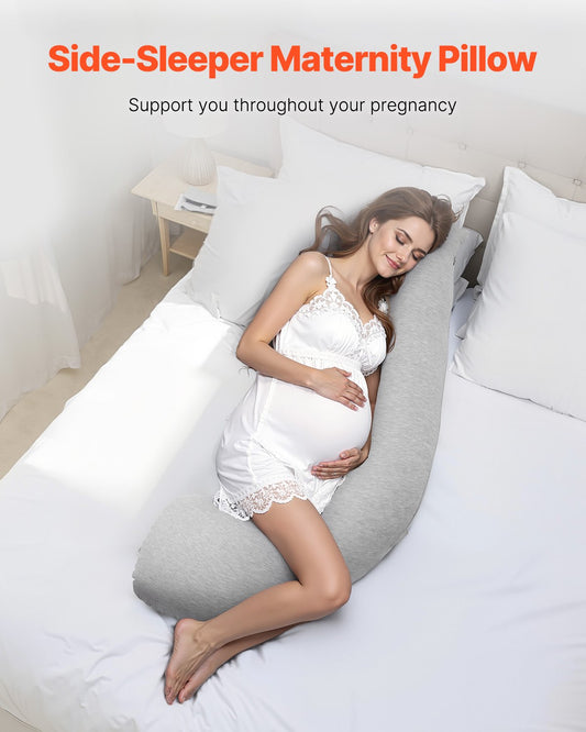 L-Shaped Pregnancy Pillow for Ultimate Comfort - Soft, Breathable Maternity Body Support for Head, Neck, Belly, and Legs with Washable Jersey Cover, Light Gray