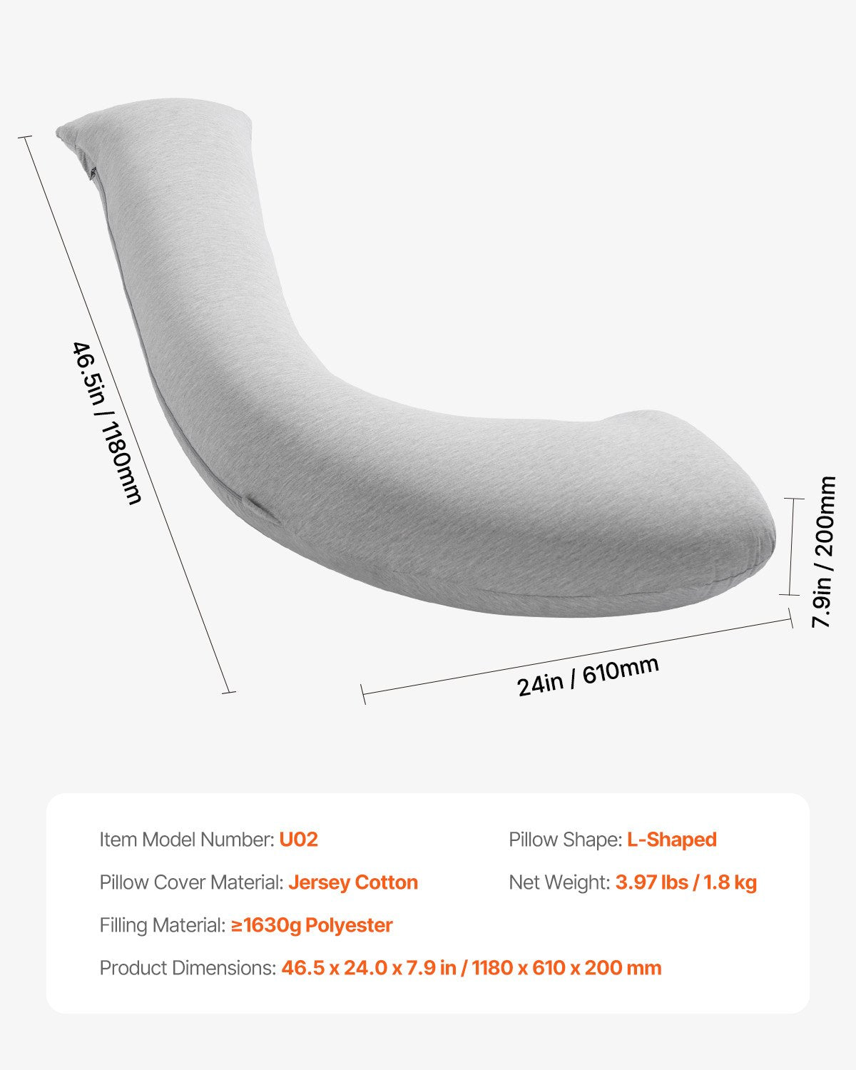 L-Shaped Pregnancy Pillow for Ultimate Comfort - Soft, Breathable Maternity Body Support for Head, Neck, Belly, and Legs with Washable Jersey Cover, Light Gray