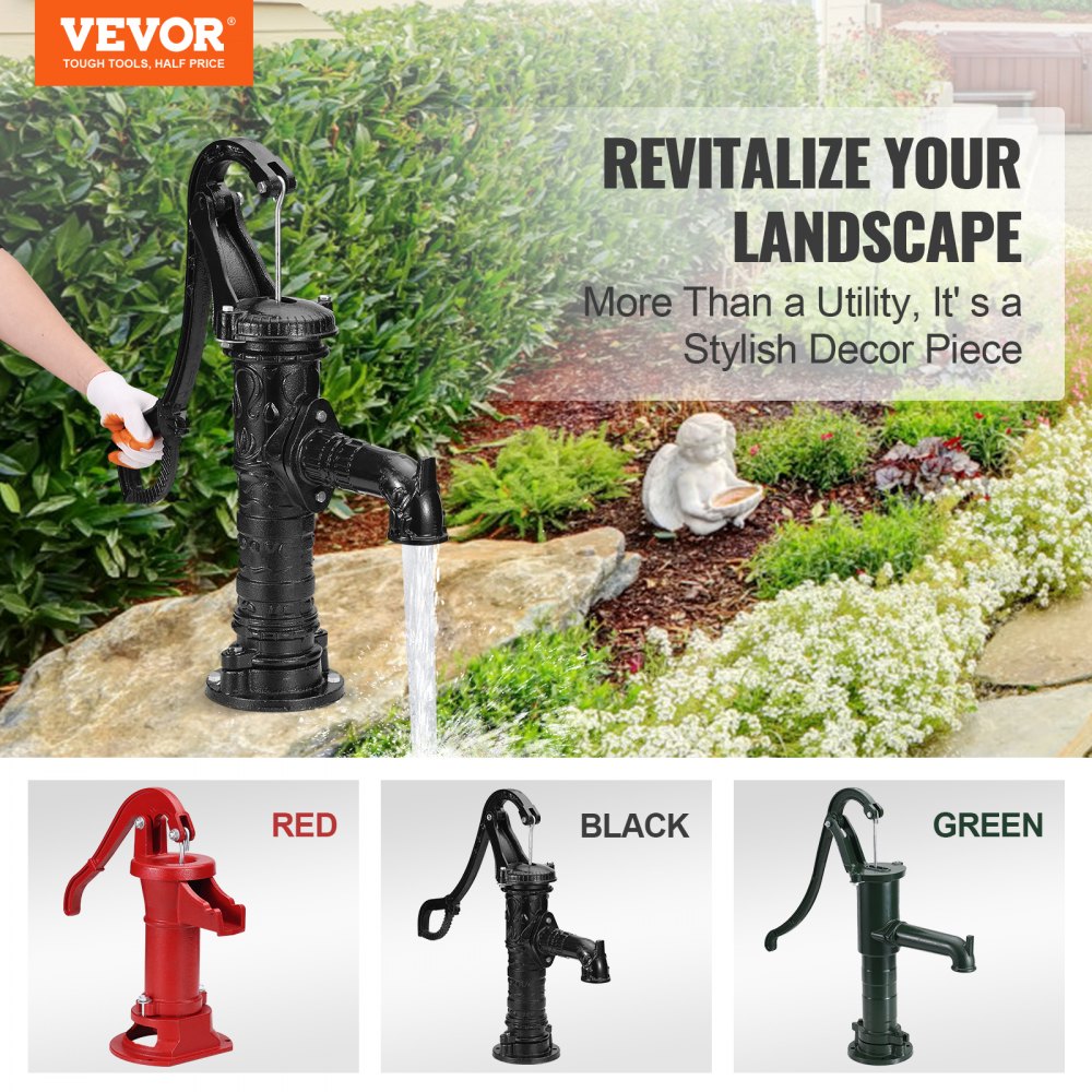 VEVOR Antique Well Hand Pitcher Pump, 22 ft Maximum Lift, Cast Iron Manual Hand Water Pump with Ergonomic Handle G1-5/8" Easy Installation, Old Fashioned for Outdoor Home Yard Garden Pond Farm, Black
