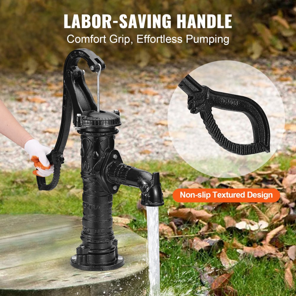 VEVOR Antique Well Hand Pitcher Pump, 22 ft Maximum Lift, Cast Iron Manual Hand Water Pump with Ergonomic Handle G1-5/8" Easy Installation, Old Fashioned for Outdoor Home Yard Garden Pond Farm, Black