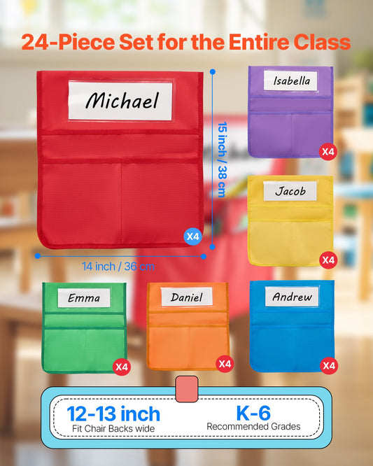 24 Pack Chair Pockets for Classrooms - Durable 6 Color Organizer with Name Tags, Ideal for Kids' School, Kindergarten, and Home Use