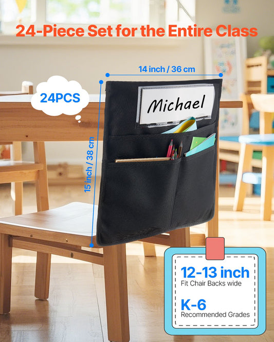 24-Pack Classroom Chair Pockets with Name Tag - Durable Back of Chair Organizer for Kids, School & Home, Easy Access and Storage, Black