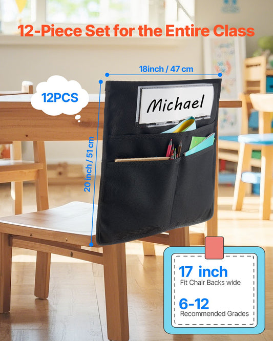 12-Pack Classroom Chair Pockets with Name Tags - 18x20 Inches Durable Chairback Organizer for Students, Kindergarten, School & Home Use