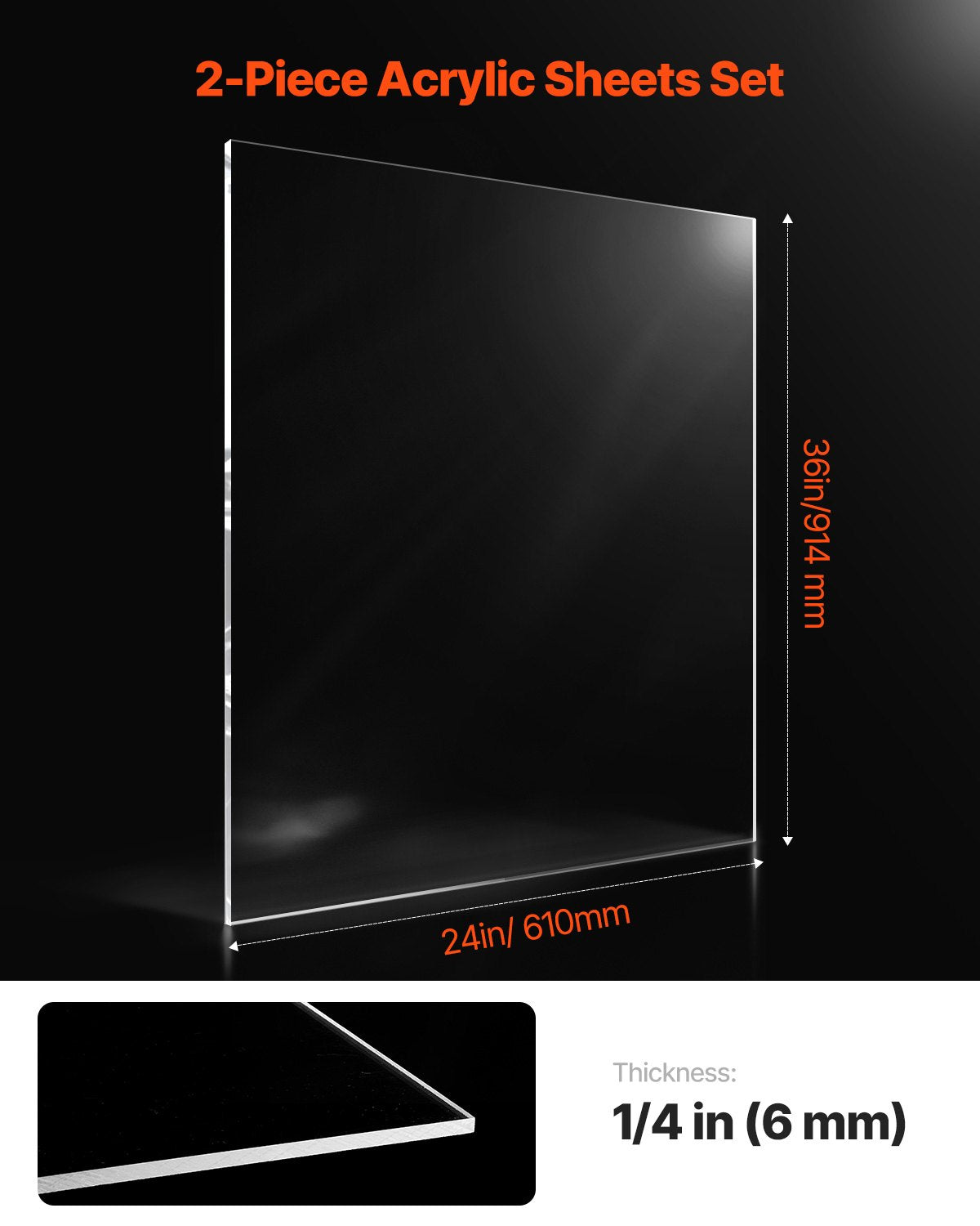2-Pack Plexiglass Acrylic Sheets, 24"x36" 1/4" Thick Clear Cast Plastic for Crafting, DIY Display, Picture Frame Replacement, Easy to Cut, Transparent Protective Film, Versatile and High-Quality