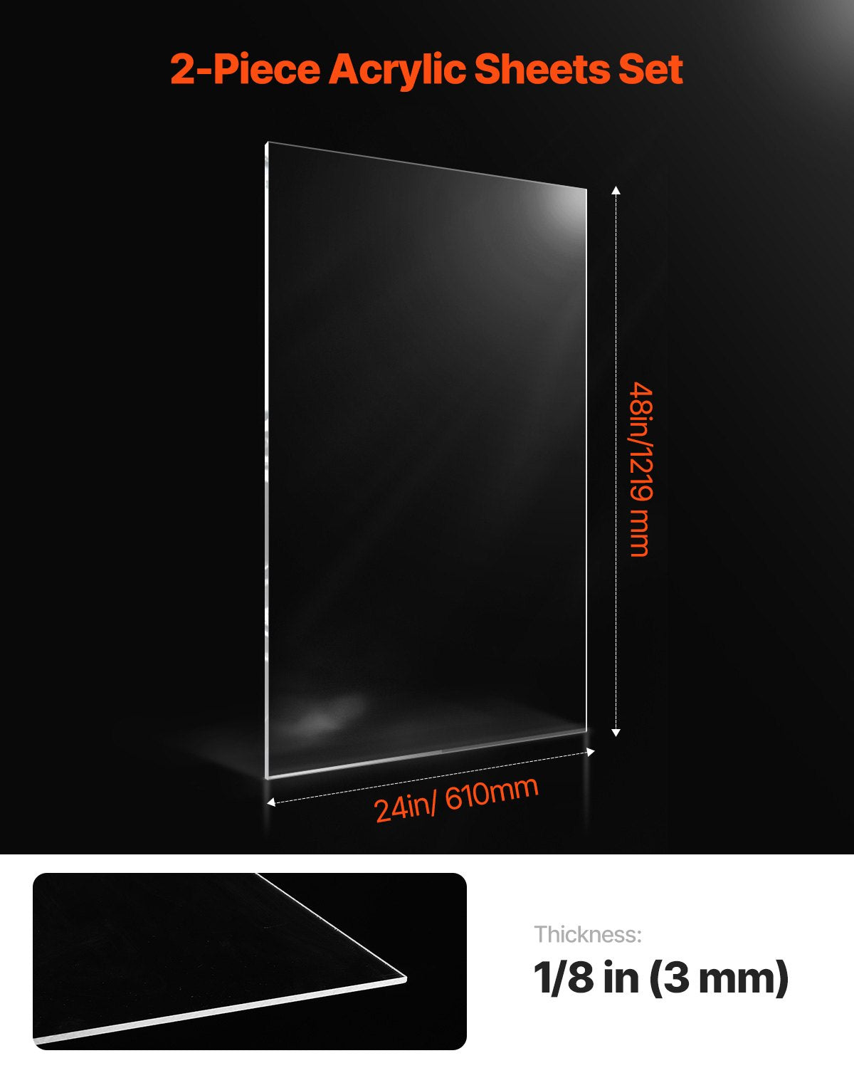 Clear Acrylic Plexiglass Sheets, 24x48 Inches, 1/8 Inch Thick, 2-Pack for Crafts, DIY Projects, Picture Frame Replacement, Easy Cut, Transparent Plastic