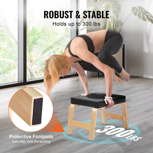 Yoga Headstand Bench with Enhanced 2.55" Thickness, 300 lbs Capacity, Wooden Frame, PU Pad for Strength, Balance, Fatigue Relief, Black