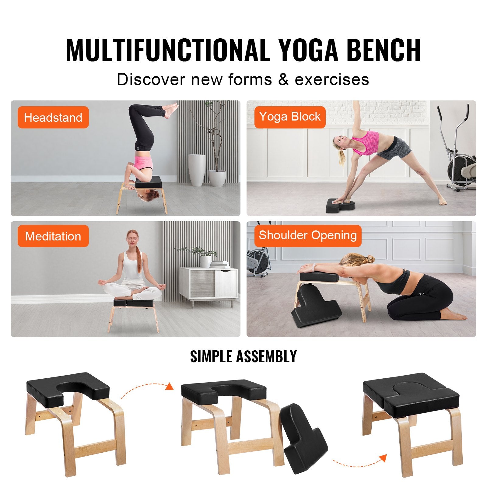 Yoga Headstand Bench with Enhanced 2.55" Thickness, 300 lbs Capacity, Wooden Frame, PU Pad for Strength, Balance, Fatigue Relief, Black