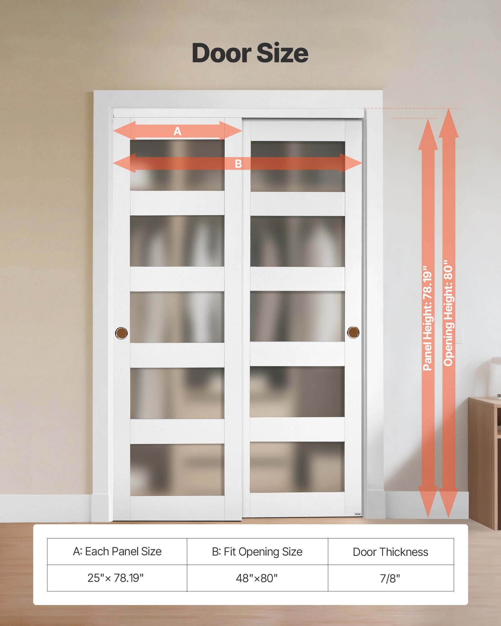 48" x 80" 5-Lite Frosted Glass Bypass Sliding Closet Doors, Solid Wood & MDF with Waterproof PVC, Hardware Kit & Floor Guide Included