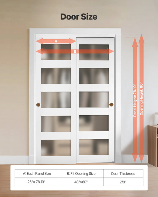 48" x 80" 5-Lite Frosted Glass Bypass Sliding Closet Doors, Solid Wood & MDF with Waterproof PVC, Hardware Kit & Floor Guide Included