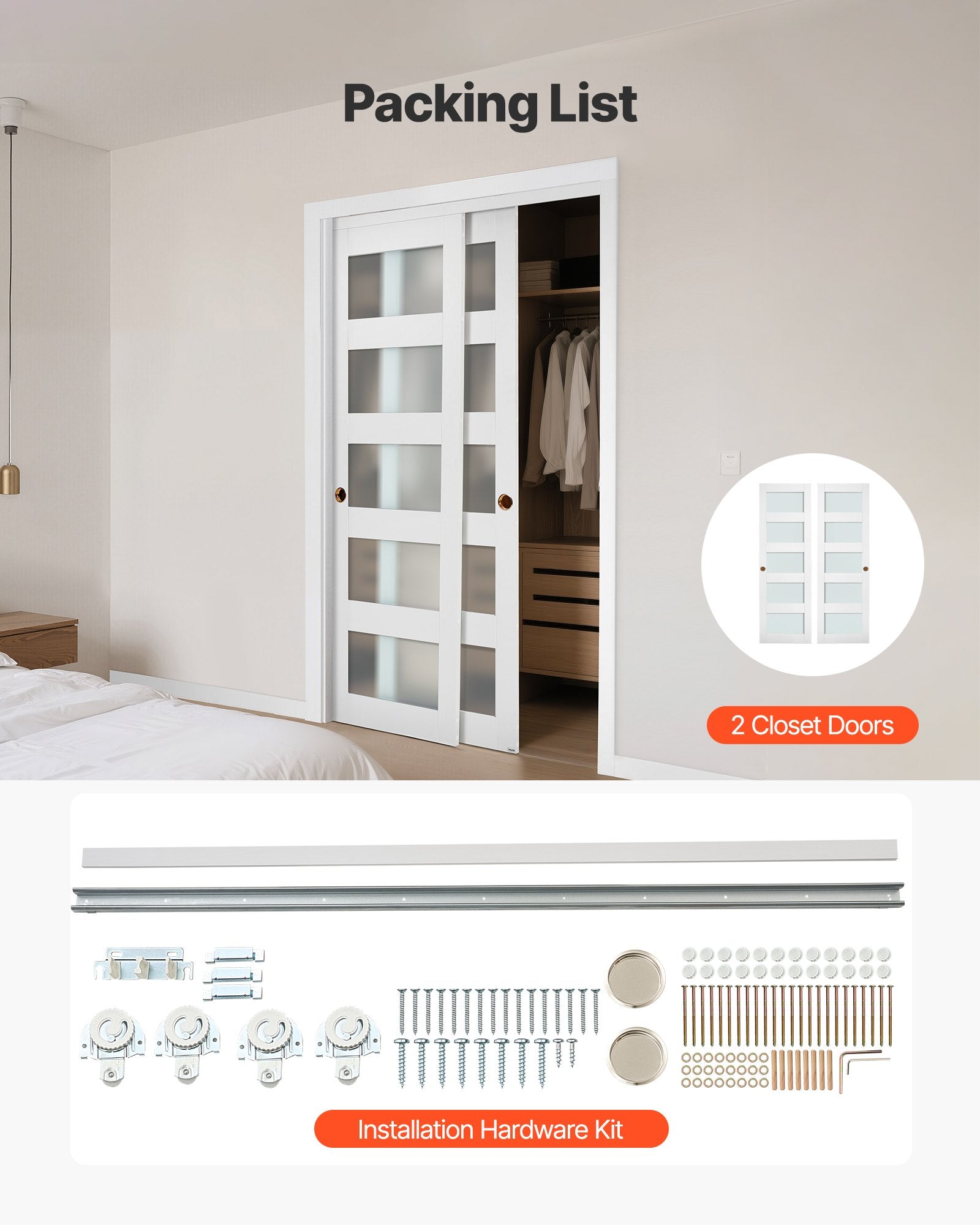 48" x 80" 5-Lite Frosted Glass Bypass Sliding Closet Doors, Solid Wood & MDF with Waterproof PVC, Hardware Kit & Floor Guide Included