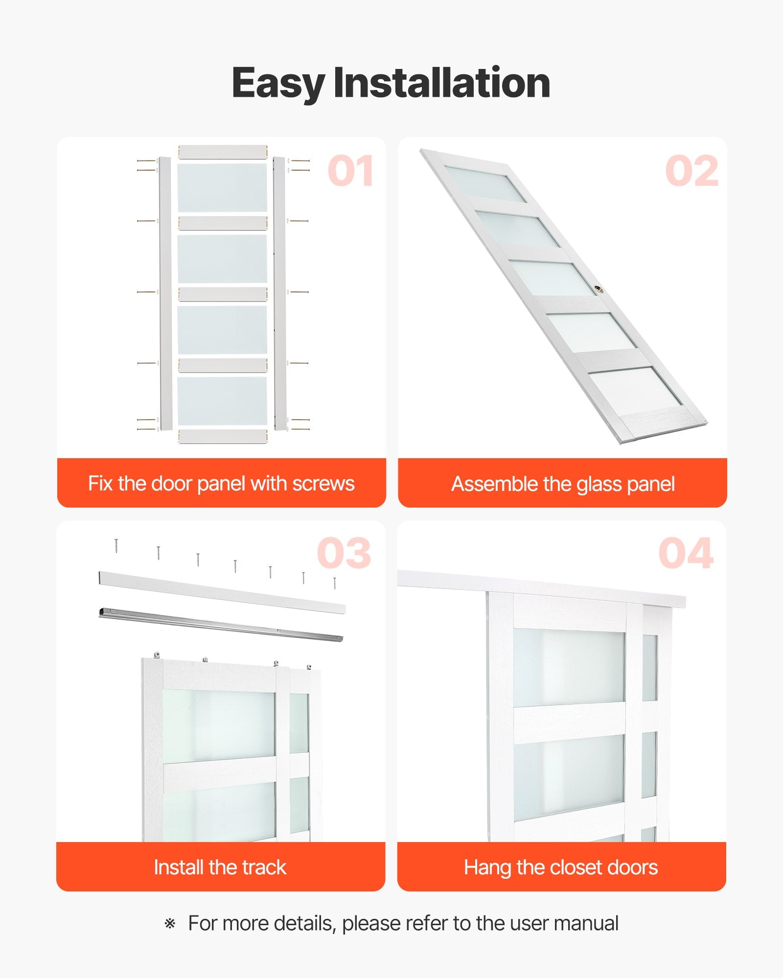 48" x 80" 5-Lite Frosted Glass Bypass Sliding Closet Doors, Solid Wood & MDF with Waterproof PVC, Hardware Kit & Floor Guide Included