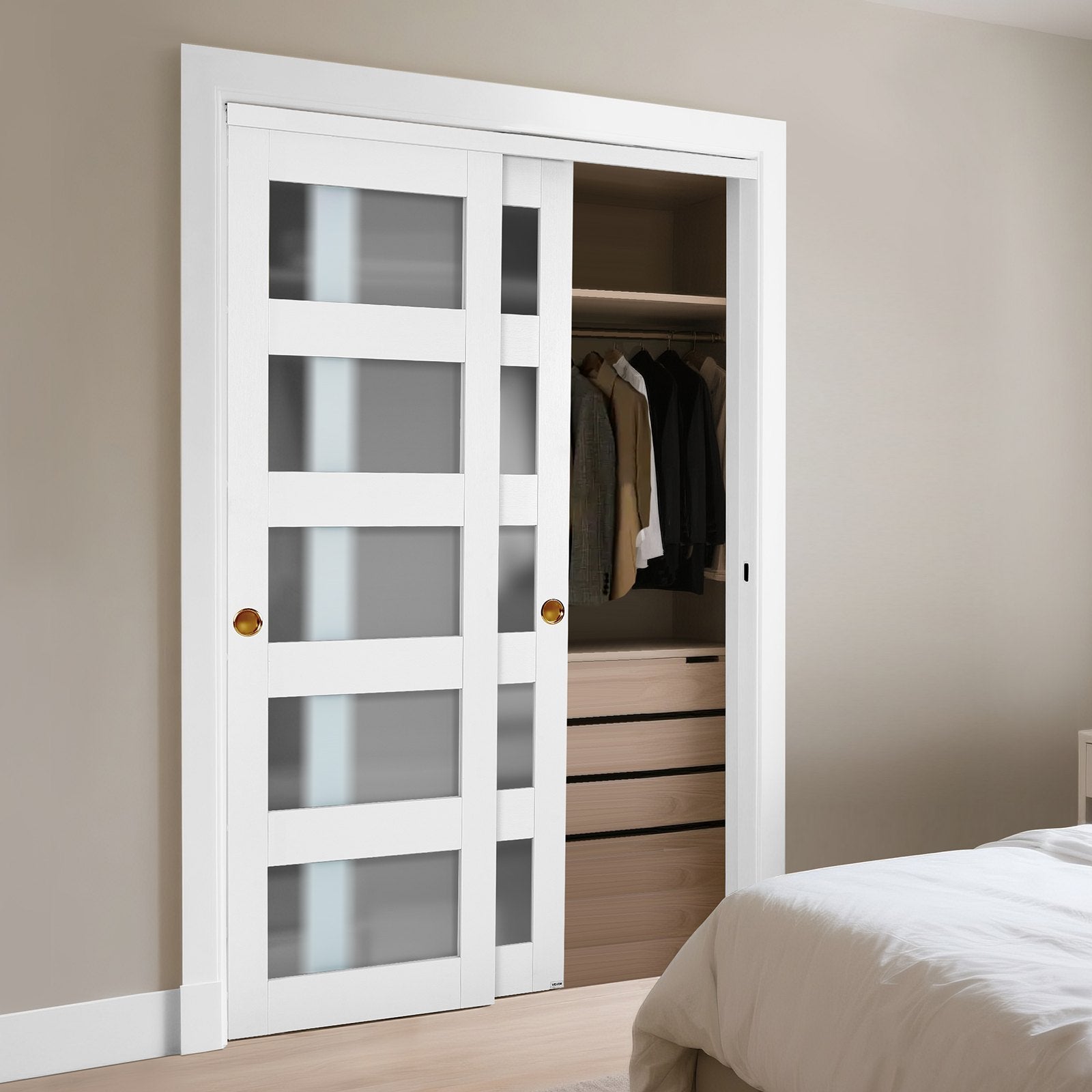 48" x 80" 5-Lite Frosted Glass Bypass Sliding Closet Doors, Solid Wood & MDF with Waterproof PVC, Hardware Kit & Floor Guide Included