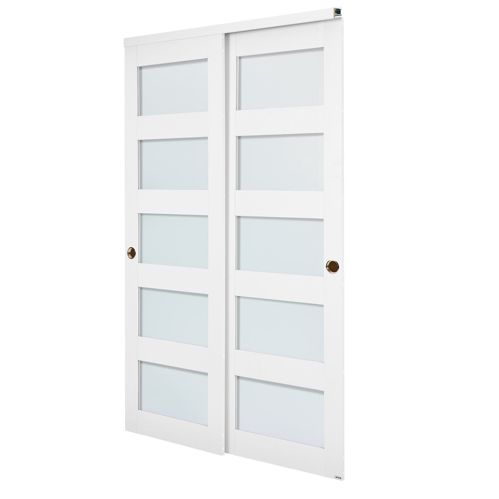 48" x 80" 5-Lite Frosted Glass Bypass Sliding Closet Doors, Solid Wood & MDF with Waterproof PVC, Hardware Kit & Floor Guide Included