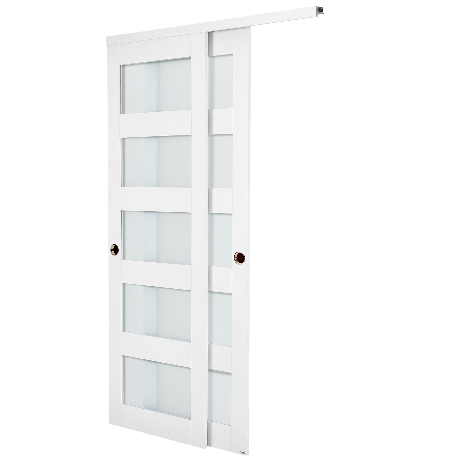 48" x 80" 5-Lite Frosted Glass Bypass Sliding Closet Doors, Solid Wood & MDF with Waterproof PVC, Hardware Kit & Floor Guide Included