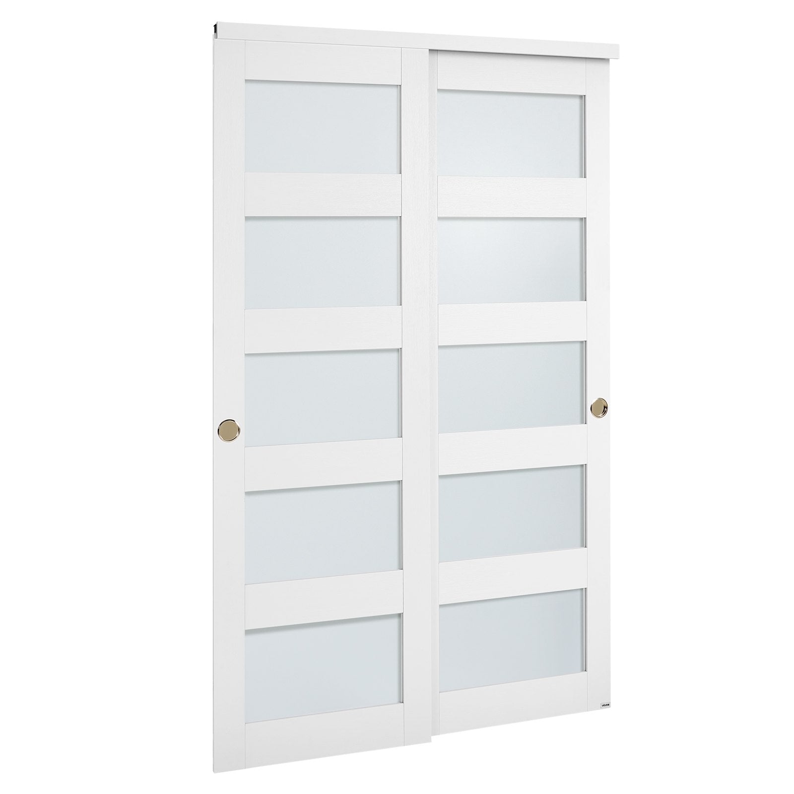 48" x 80" 5-Lite Frosted Glass Bypass Sliding Closet Doors, Solid Wood & MDF with Waterproof PVC, Hardware Kit & Floor Guide Included