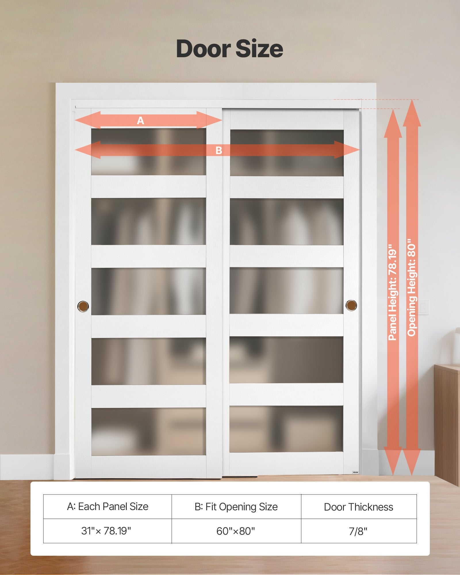 60" x 80" Frosted Glass Bypass Sliding Closet Doors with Hardware Kit, Water-Proof PVC, Solid Wood, Quiet Glide, Ideal for Bedrooms