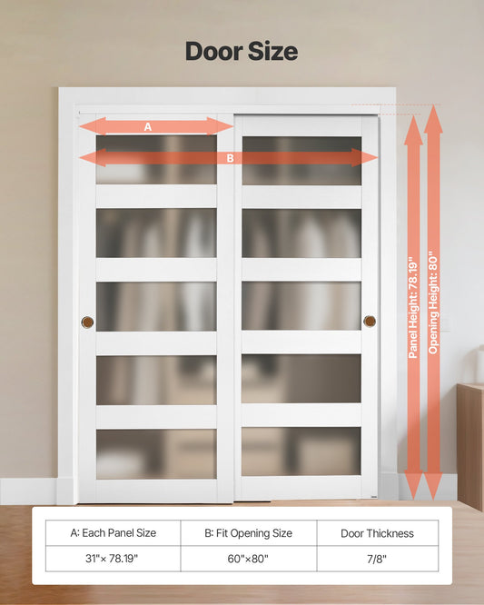 60" x 80" Frosted Glass Bypass Sliding Closet Doors with Hardware Kit, Water-Proof PVC, Solid Wood, Quiet Glide, Ideal for Bedrooms