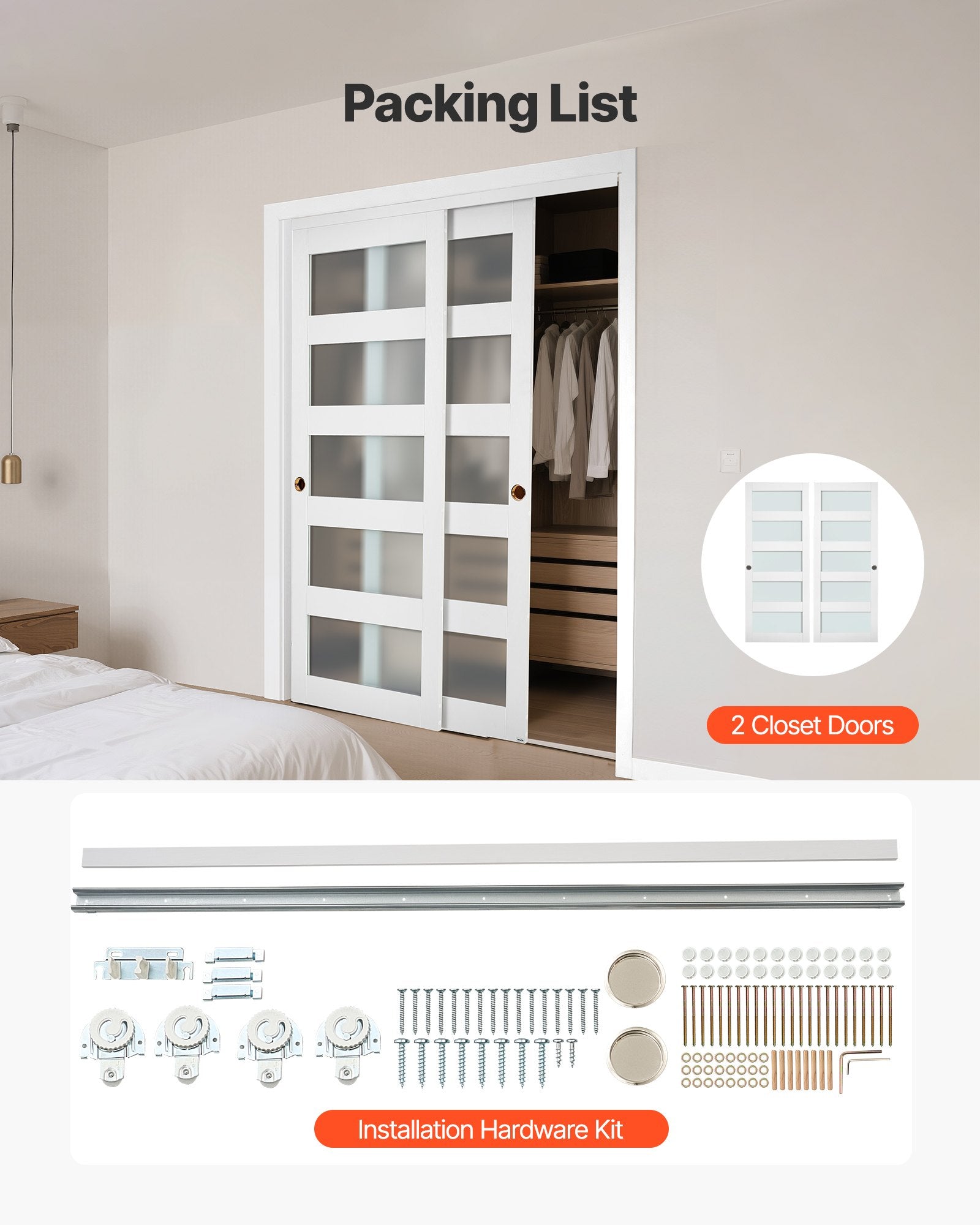 60" x 80" Frosted Glass Bypass Sliding Closet Doors with Hardware Kit, Water-Proof PVC, Solid Wood, Quiet Glide, Ideal for Bedrooms