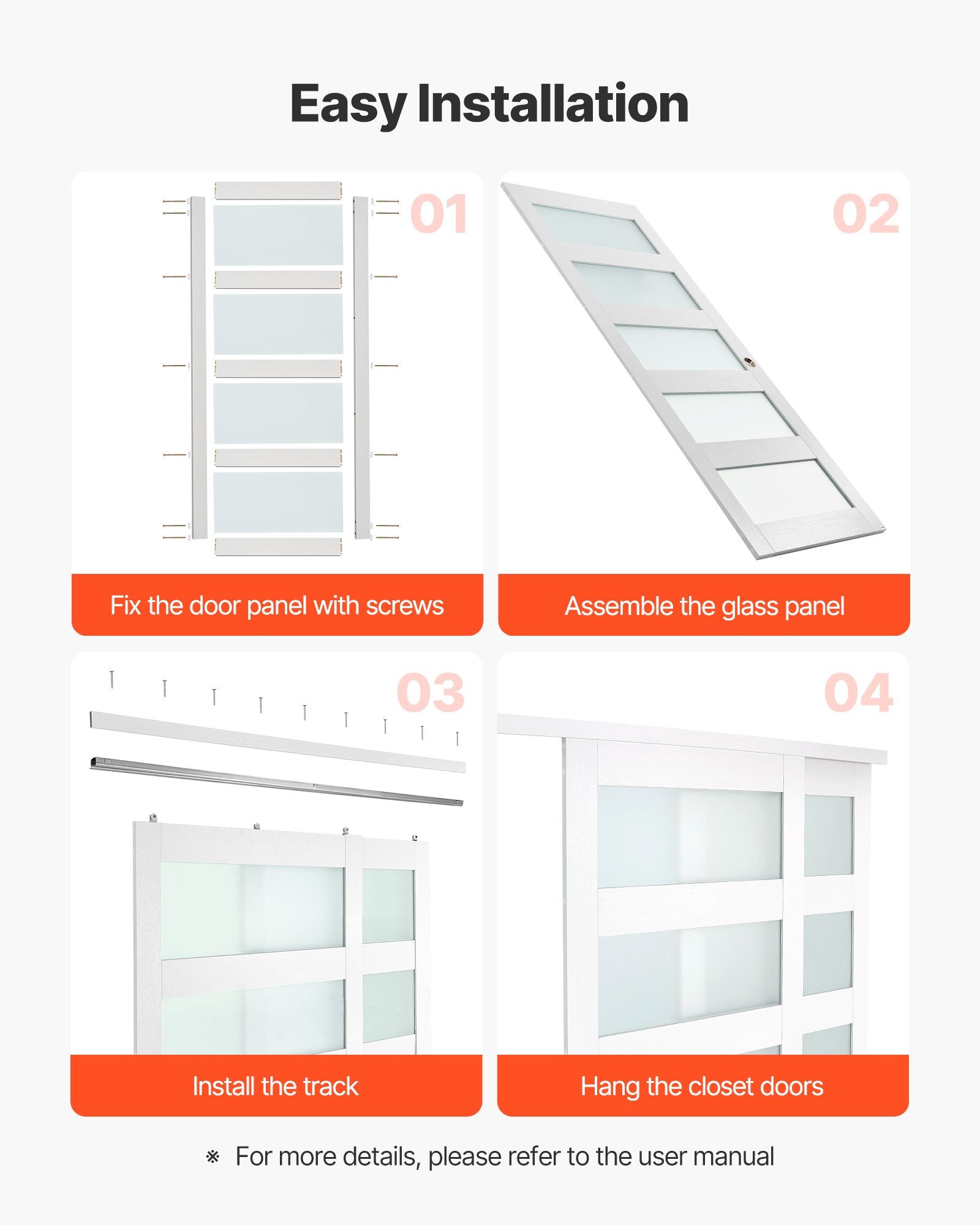 60" x 80" Frosted Glass Bypass Sliding Closet Doors with Hardware Kit, Water-Proof PVC, Solid Wood, Quiet Glide, Ideal for Bedrooms